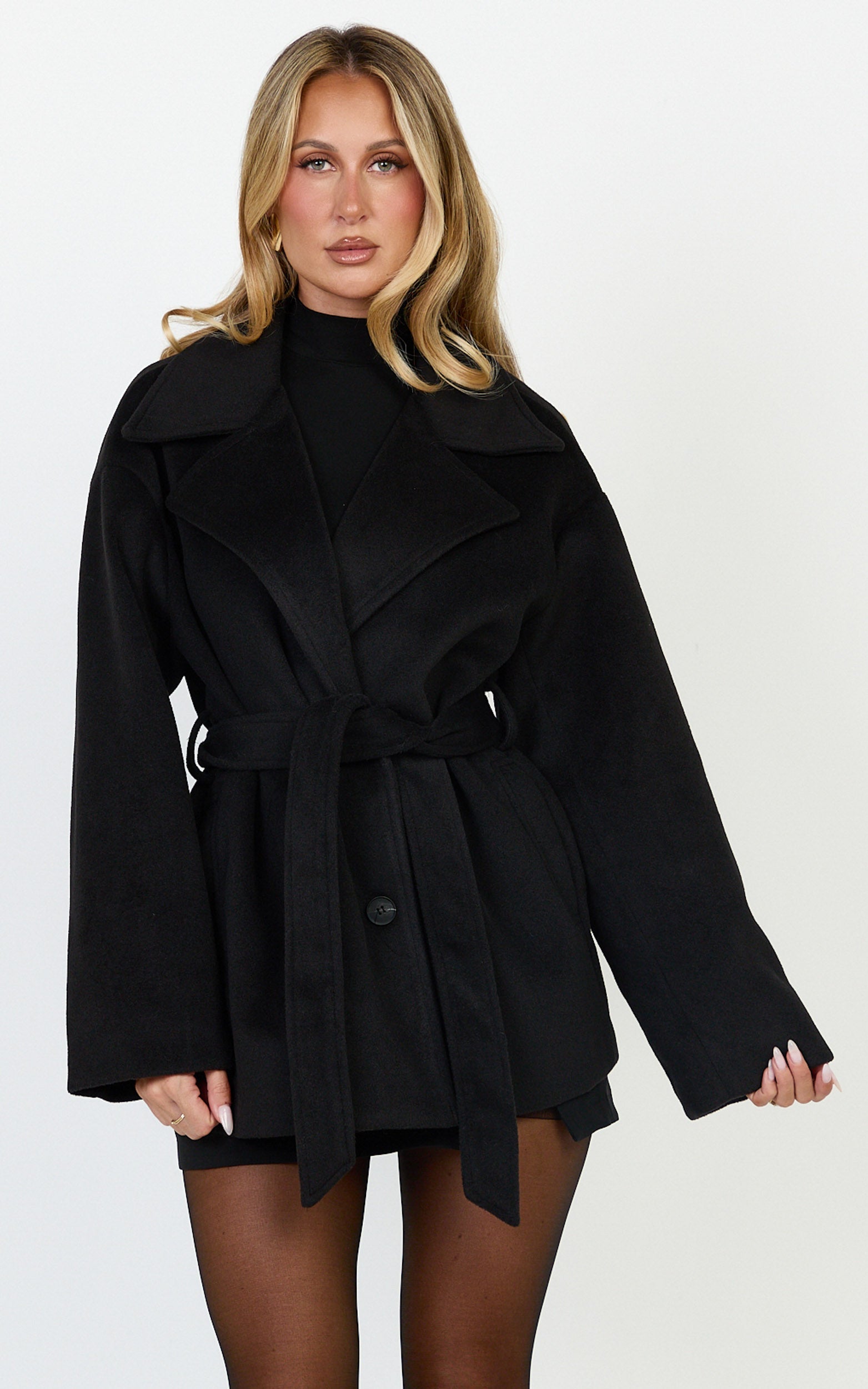 Dahlia Coat - Single Breasted Belted Short Wool Like Coat in Black