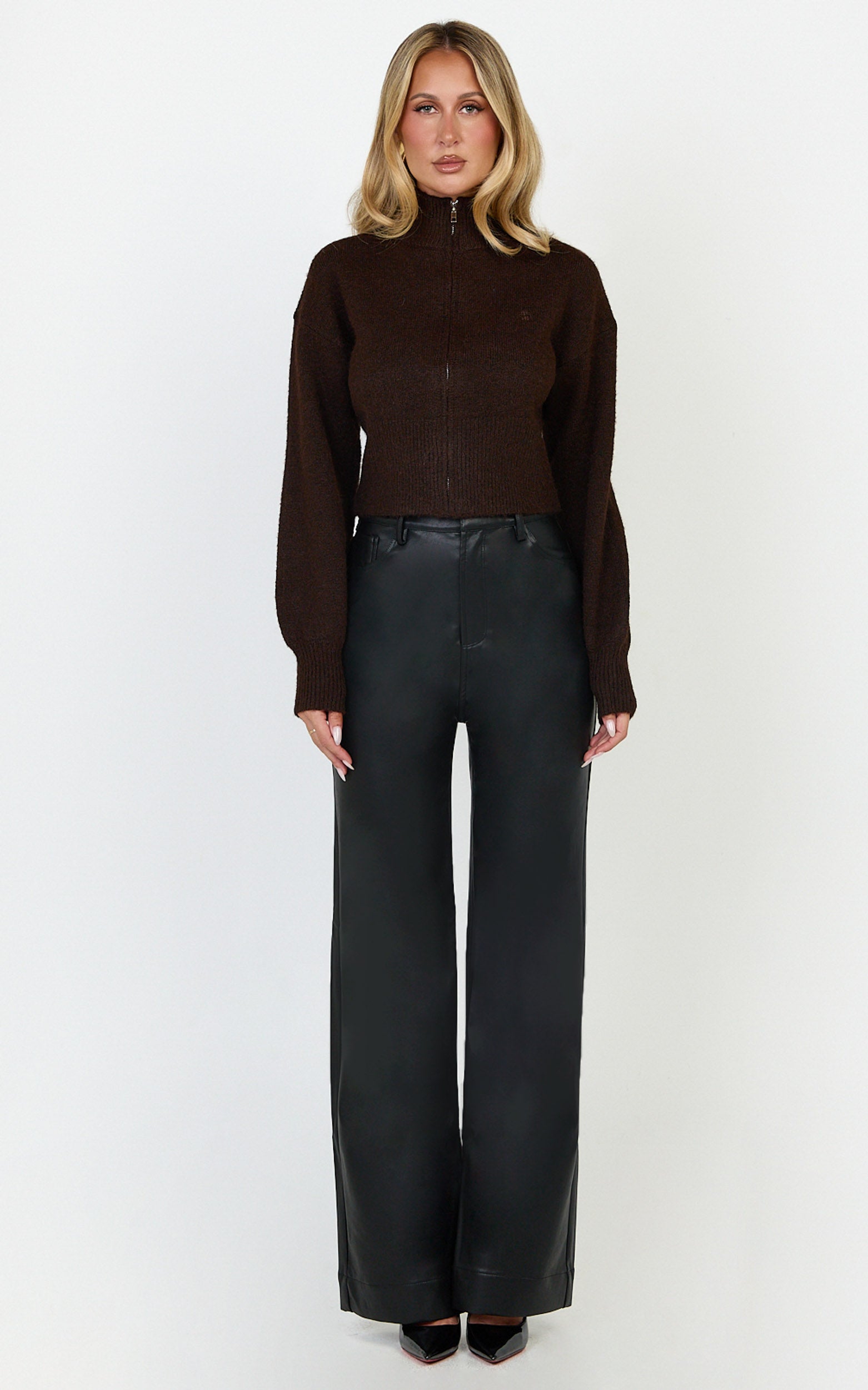 Gaia Jumper - High Neck Full Zip Cropped Jumper in Chocolate