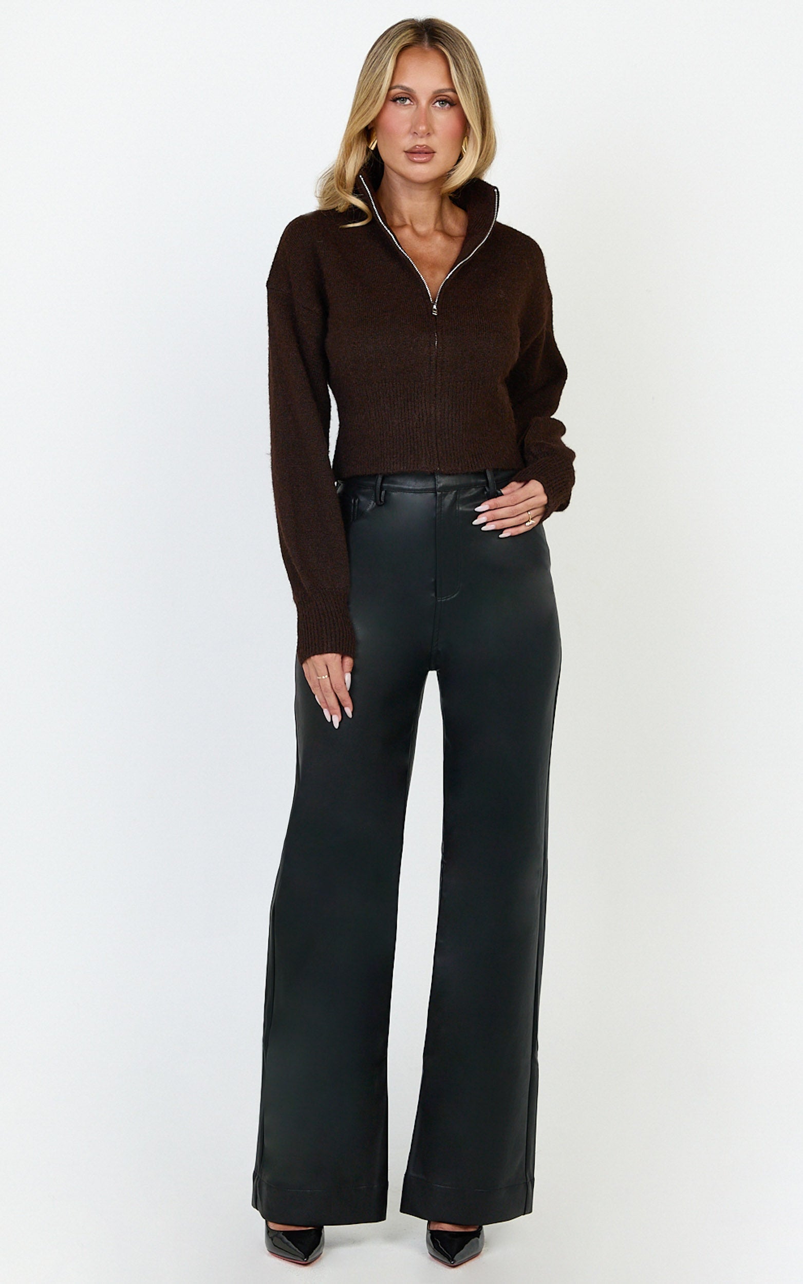 Gaia Jumper - High Neck Full Zip Cropped Jumper in Chocolate