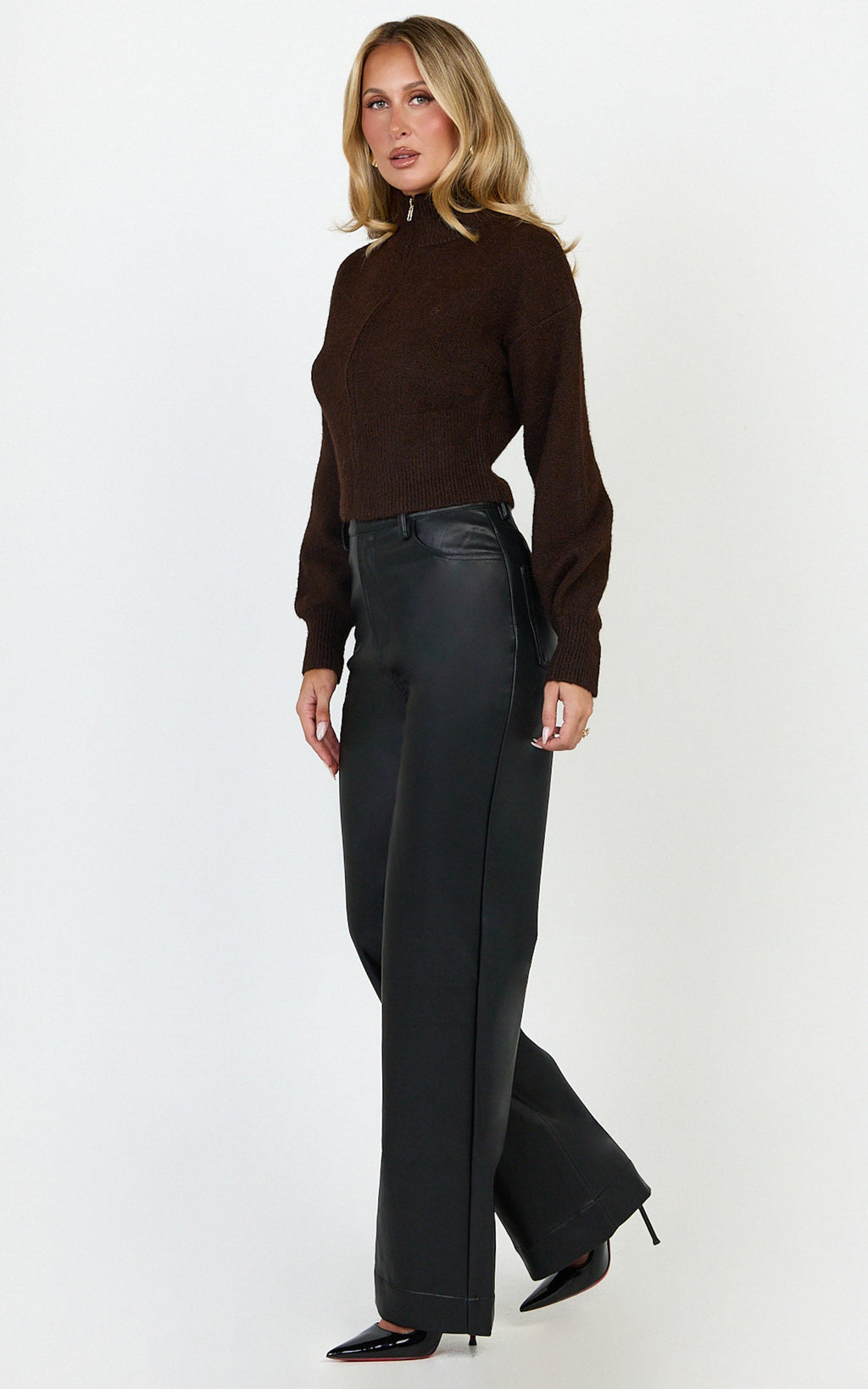 Gaia Jumper - High Neck Full Zip Cropped Jumper in Chocolate