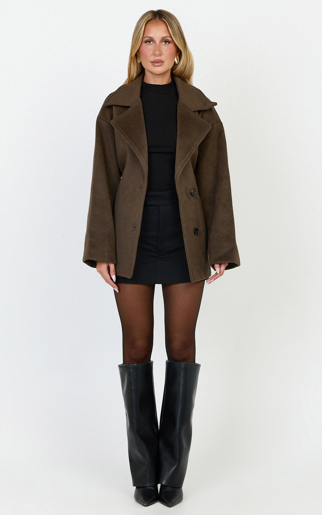 Dahlia Coat - Single Breasted Belted Short Wool Like Coat in Dark Chocolate