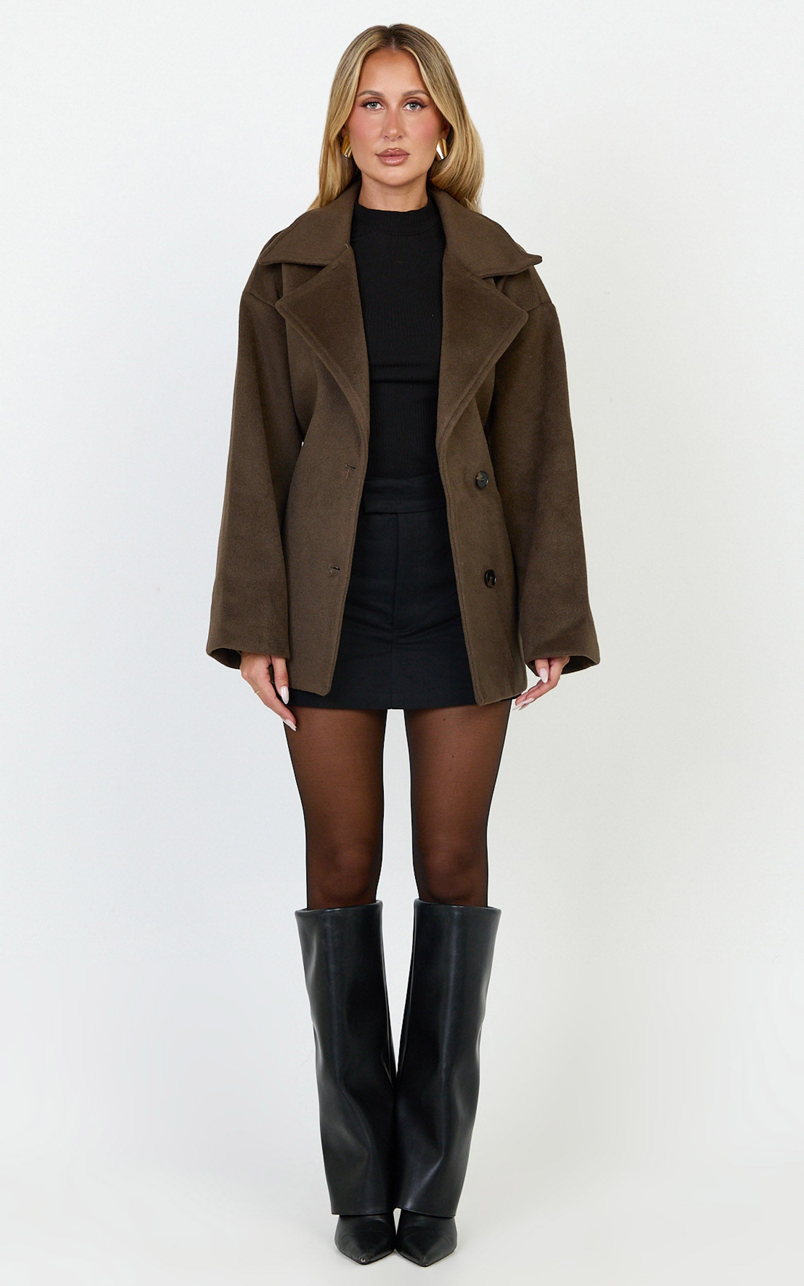 Dahlia Coat - Single Breasted Belted Short Wool Like Coat in Dark Chocolate