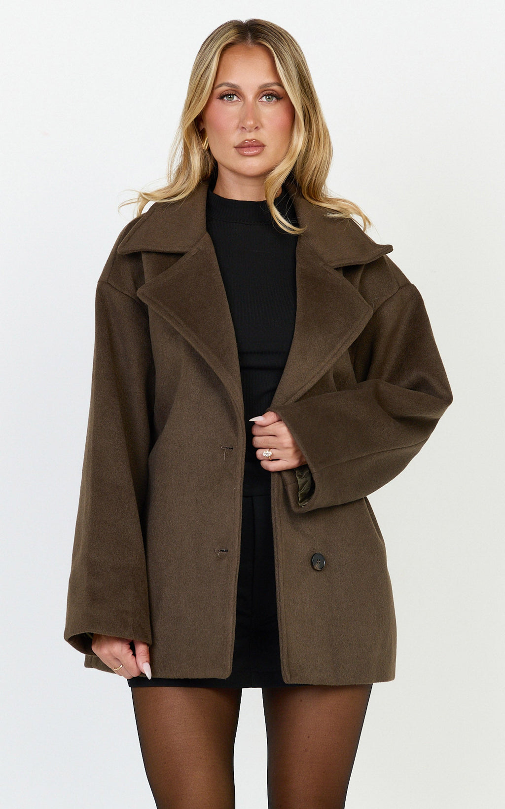 Dahlia Coat - Single Breasted Belted Short Wool Like Coat in Dark Chocolate