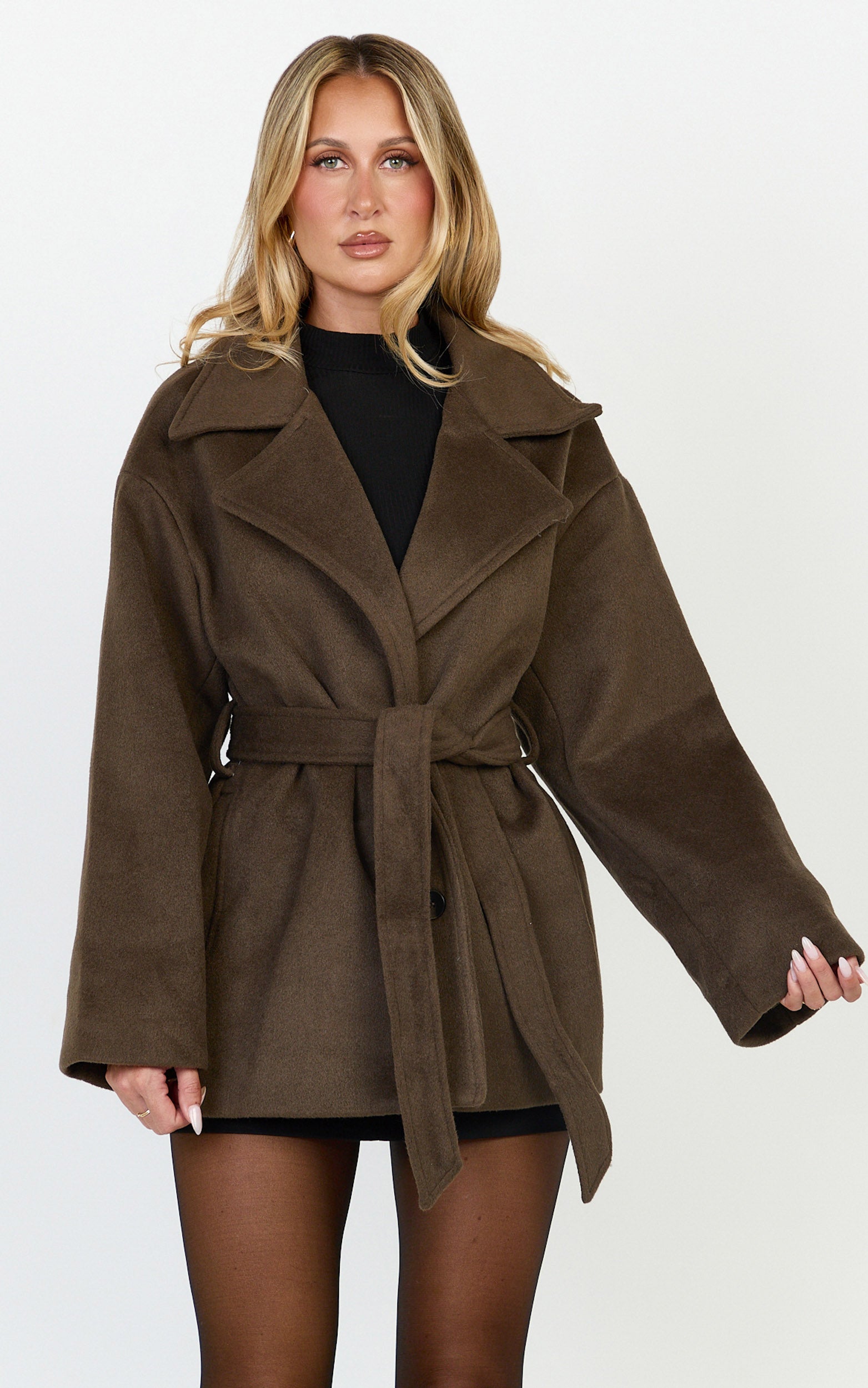 Dahlia Coat - Single Breasted Belted Short Wool Like Coat in Dark Chocolate