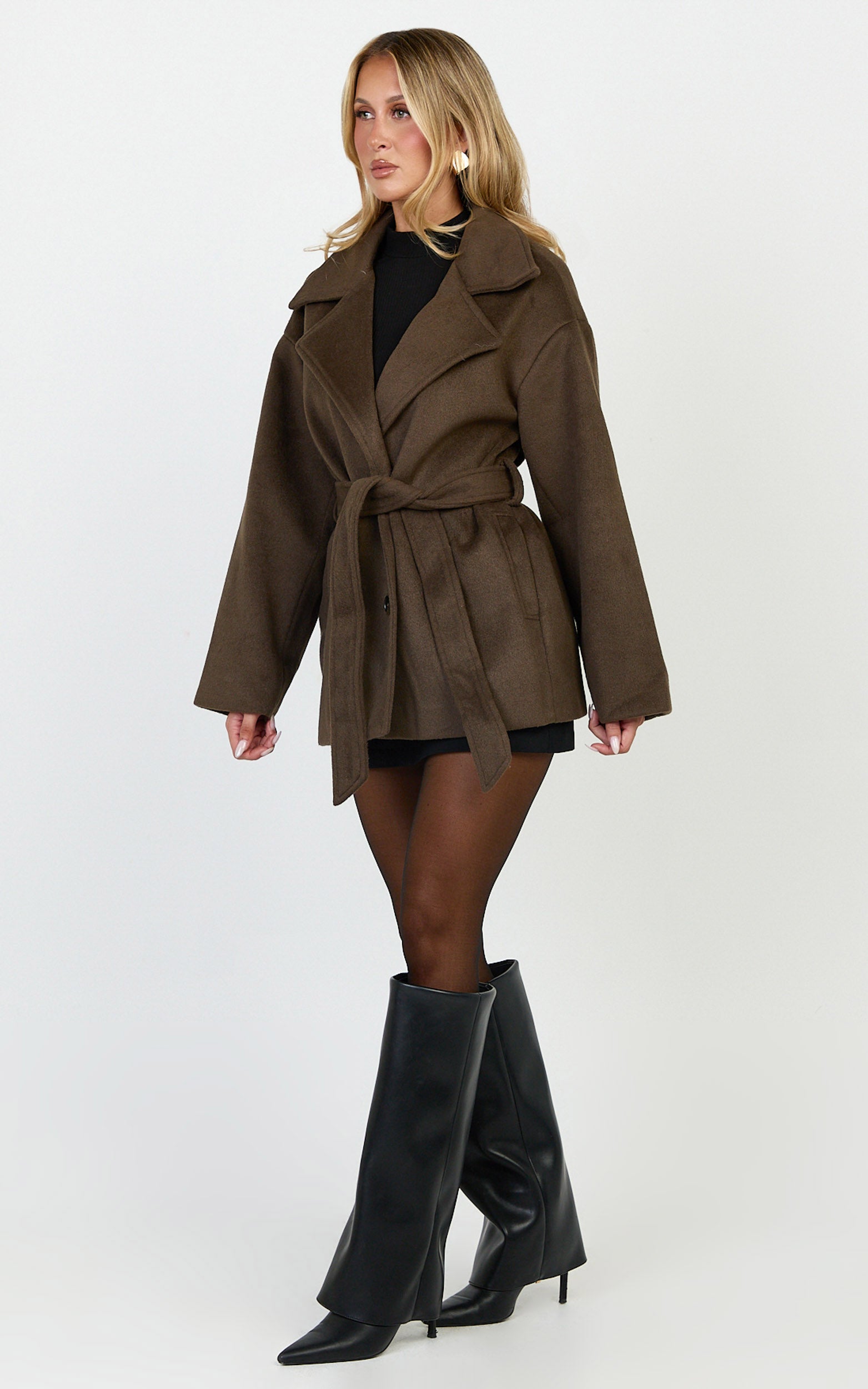 Dahlia Coat - Single Breasted Belted Short Wool Like Coat in Dark Chocolate