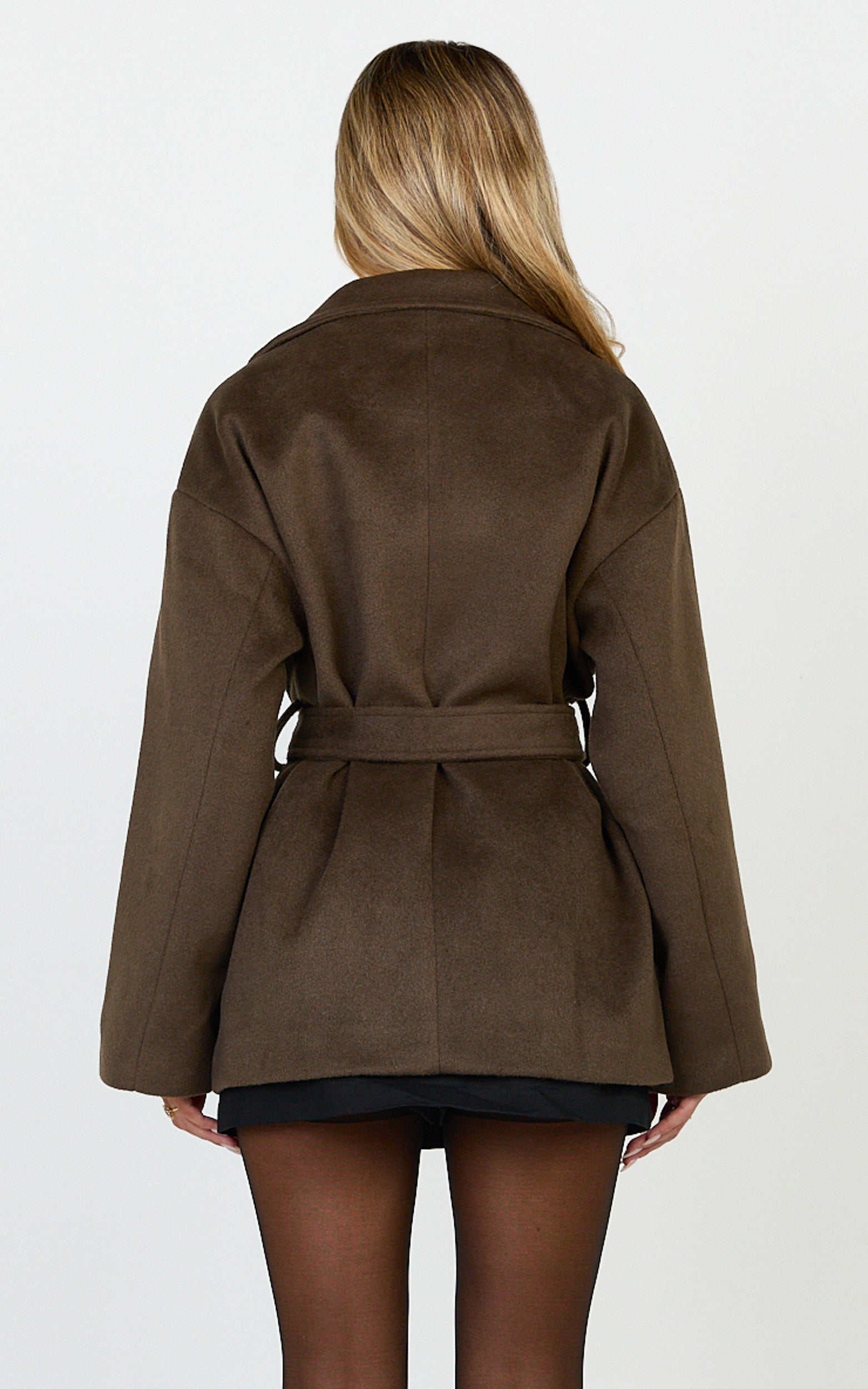 Dahlia Coat - Single Breasted Belted Short Wool Like Coat in Dark Chocolate