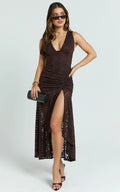 Rosanna Maxi Dress - Plunge Lace Fit And Flare Dress in Chocolate