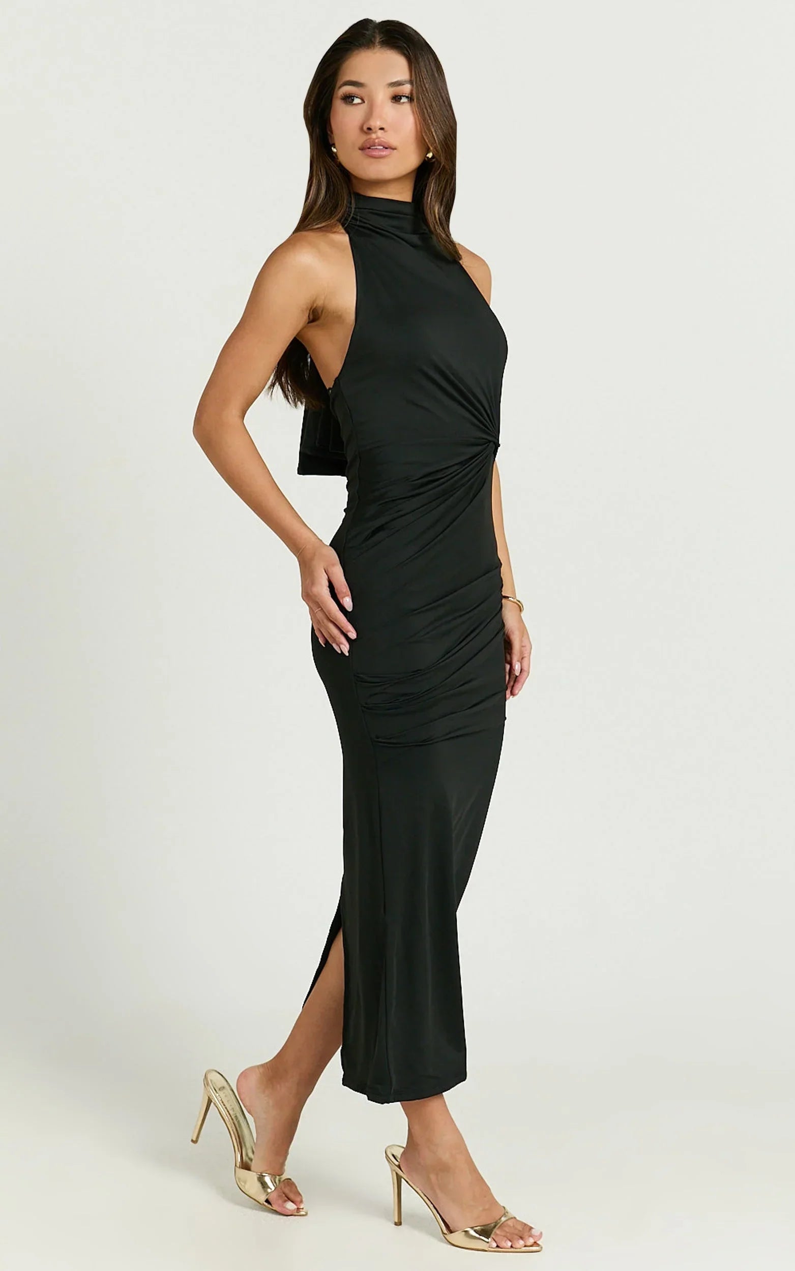 Olenna Midi Dress - Halter Neck Twist Detail Tie Back Dress in Black