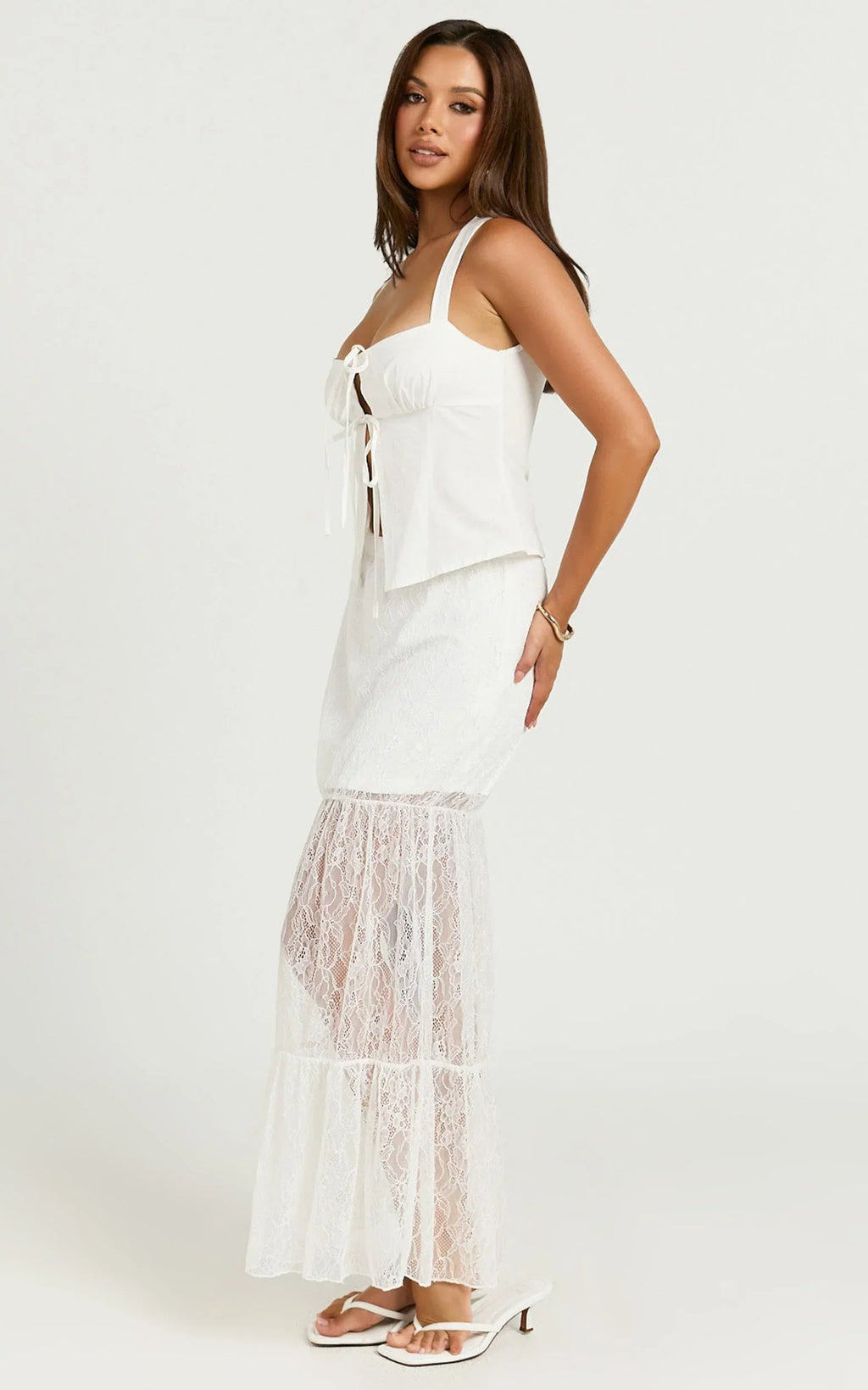 Emilia Maxi Skirt - Lace Gathered Panel Maxi Skirt in White