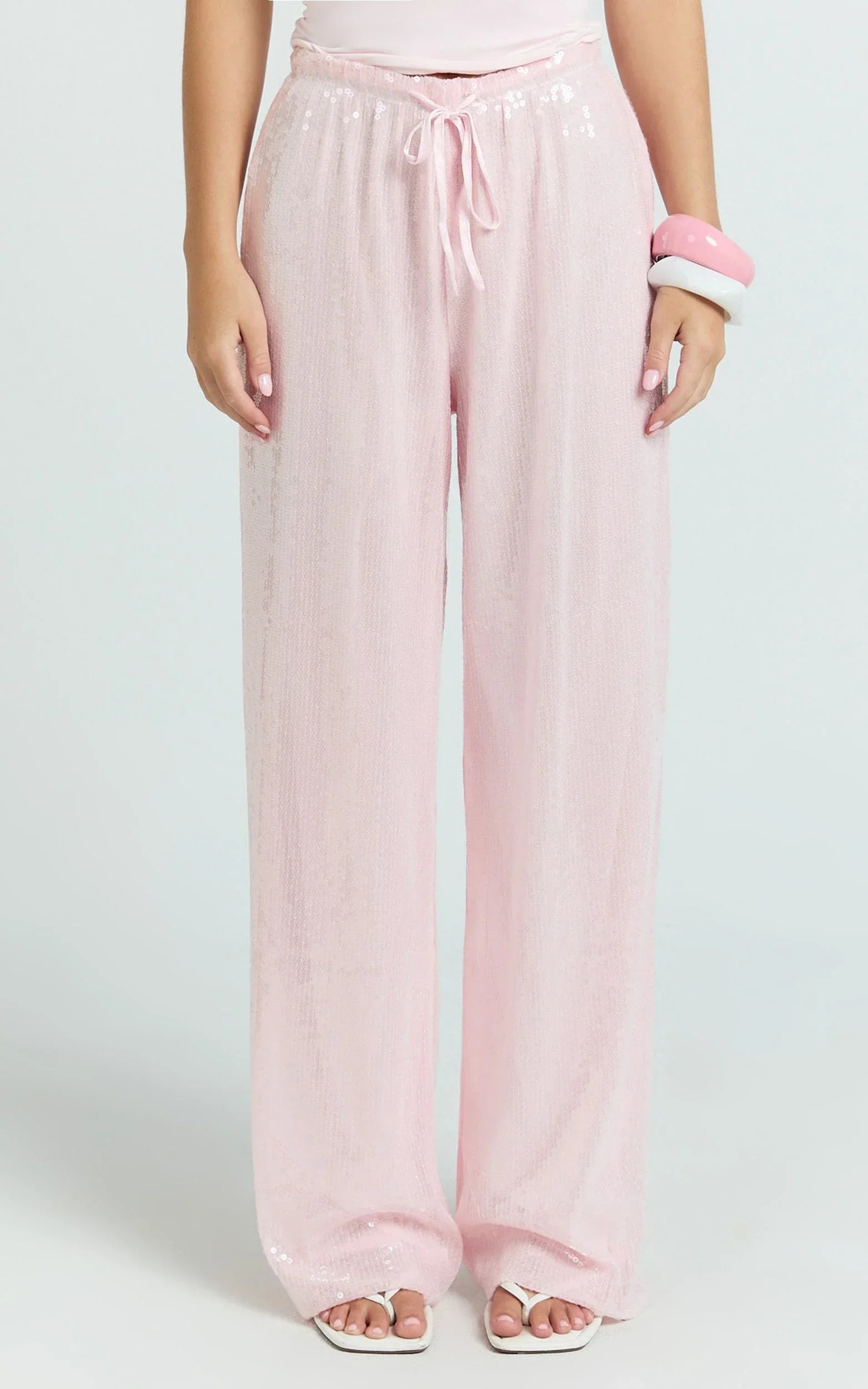 Mia Pants - Relaxed Drawstring Waist Sequin Pants in Baby Pink