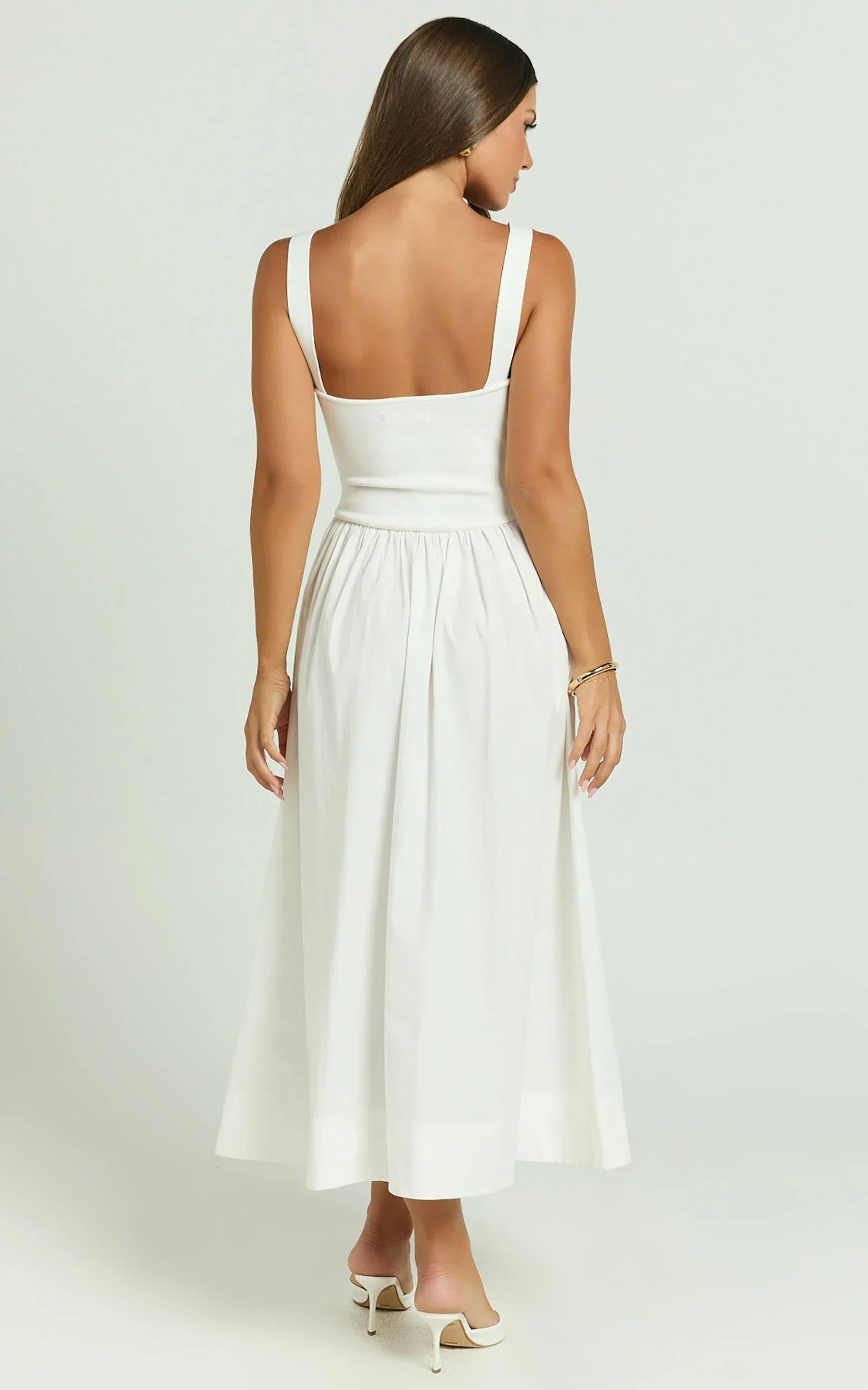 Murphy Midi Dress - Scoop Neck Straight Drop Waist Gathered Skirt Knit And Poplin Dress in White