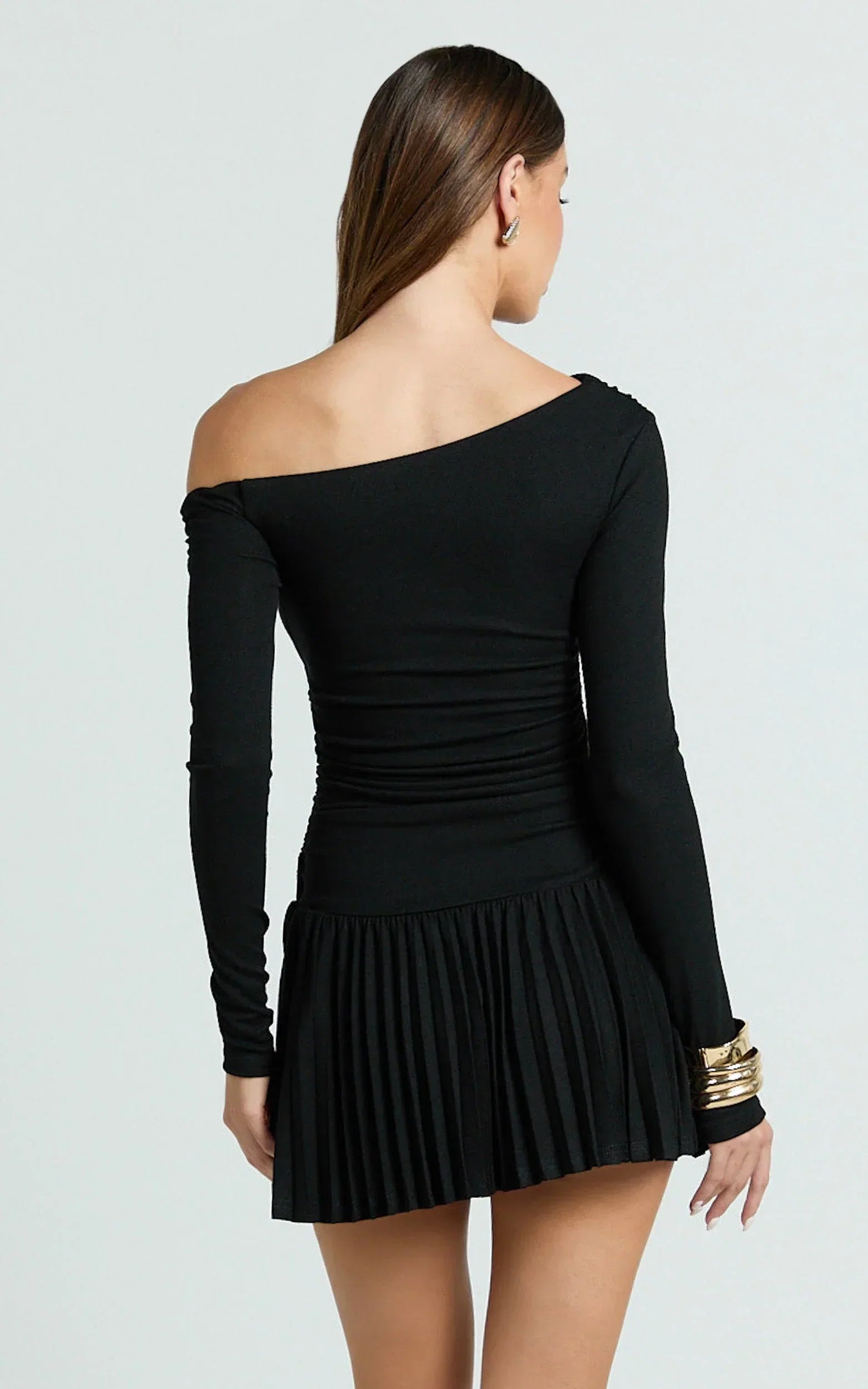 Presley Mini Dress - One Shoulder Ruched Side Pleated Fit And Flare Dress in Black