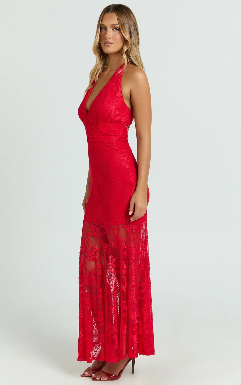 Hance Midi Dress - neck Lace Open Back Dress in Red