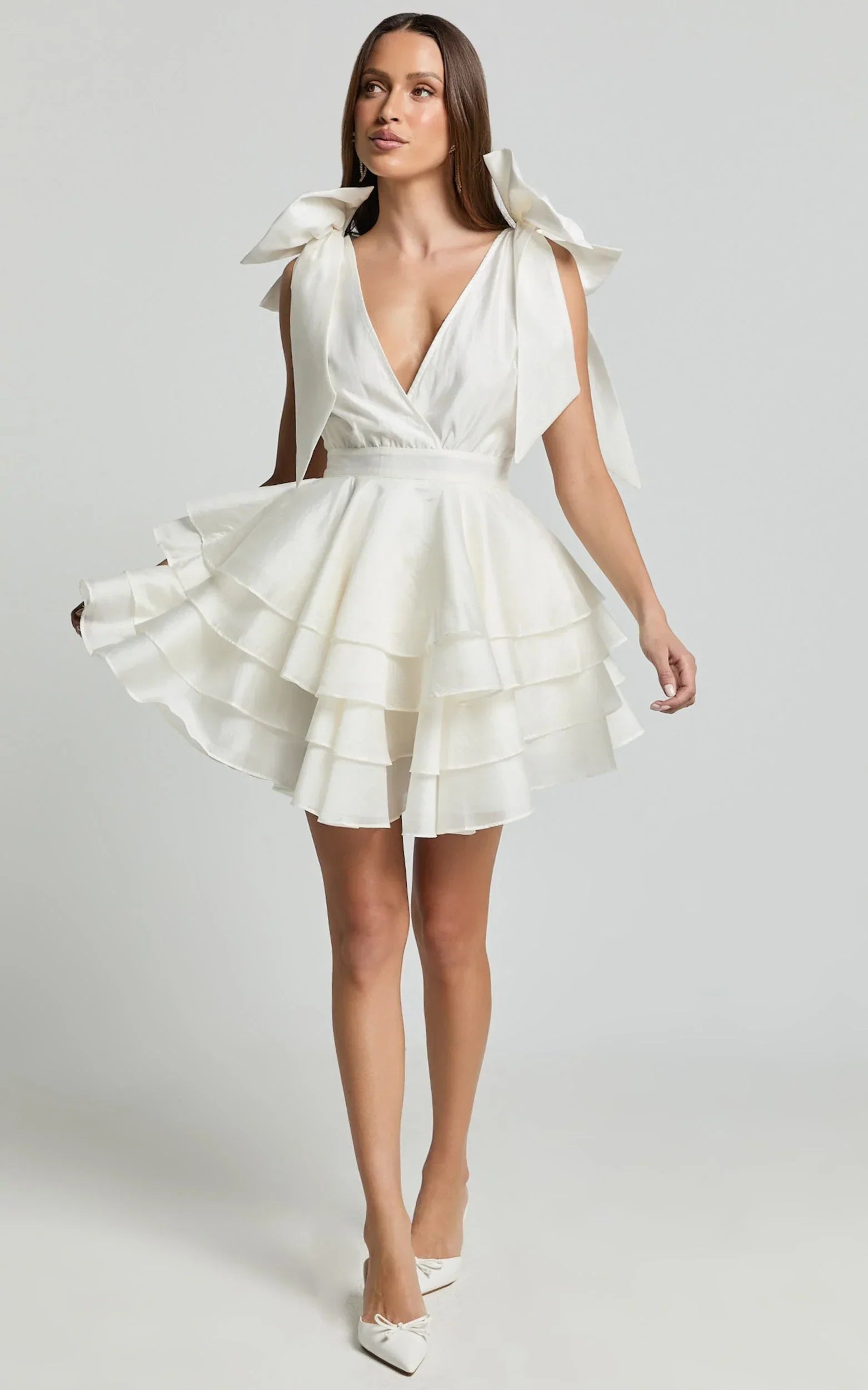 Roxanne Mini Dress - Shoulder Tie Plunge Ruffle Dress in White