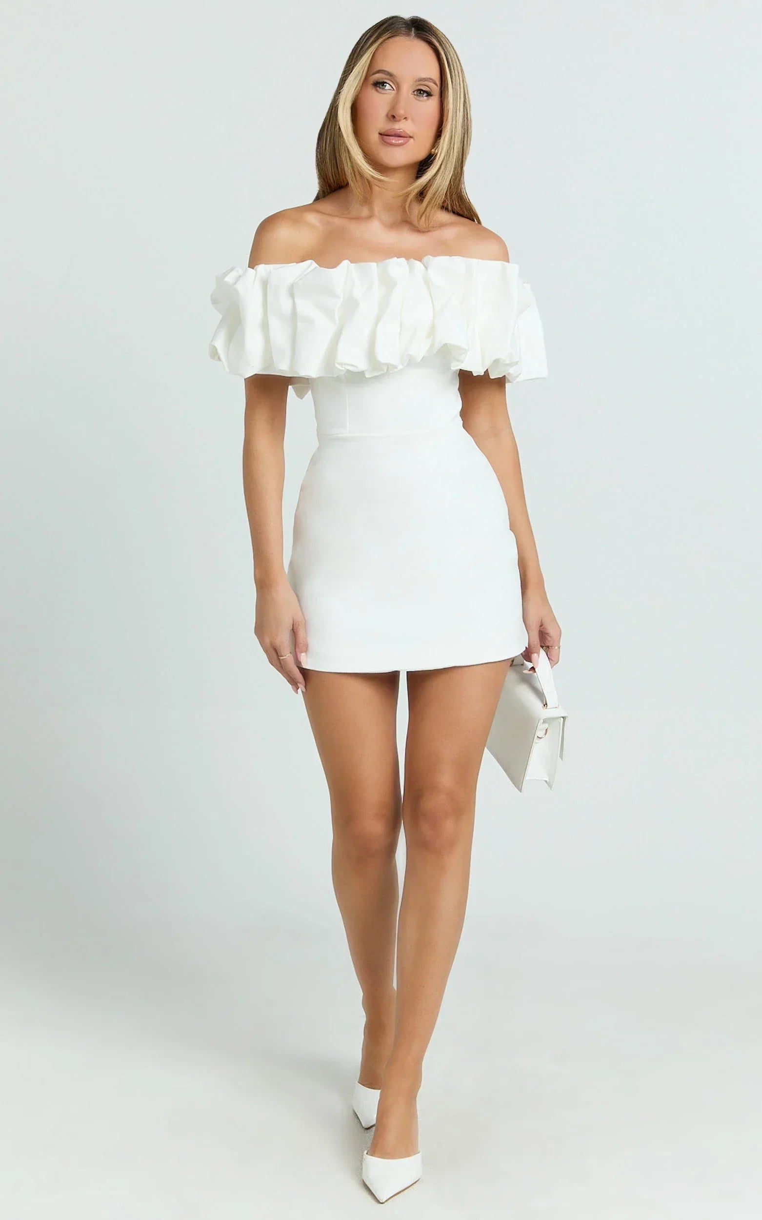 Coraline Mini Dress - Ruffle Off Shoulder Fitted Dress in White