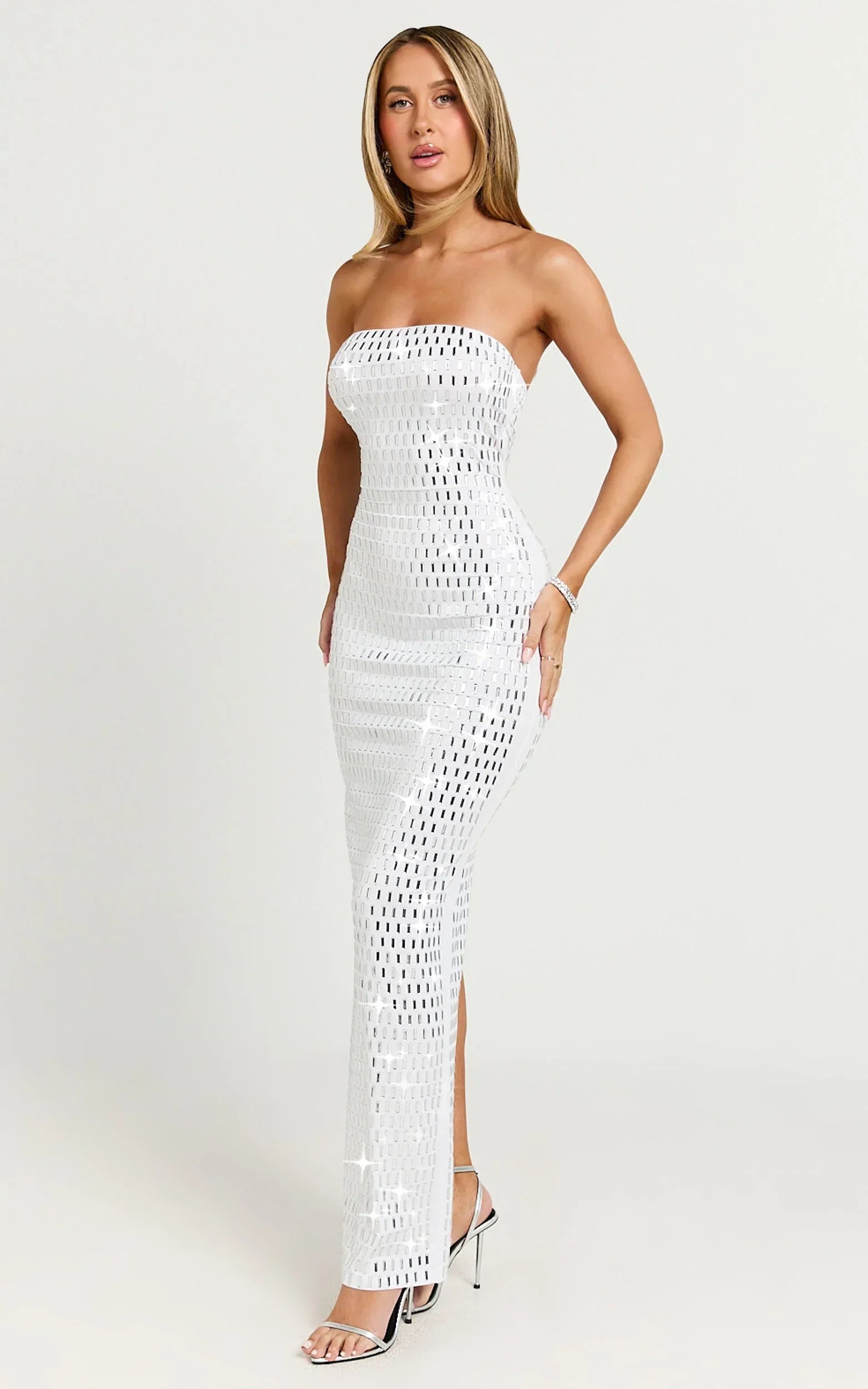 Joyce Maxi Dress - Heat Press Strapless Dress in Silver