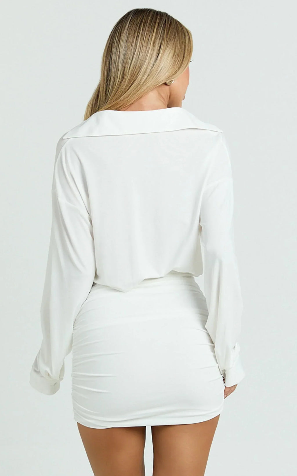 Pearce Mini Dress - Ruched Jersey Shirt Dress in White