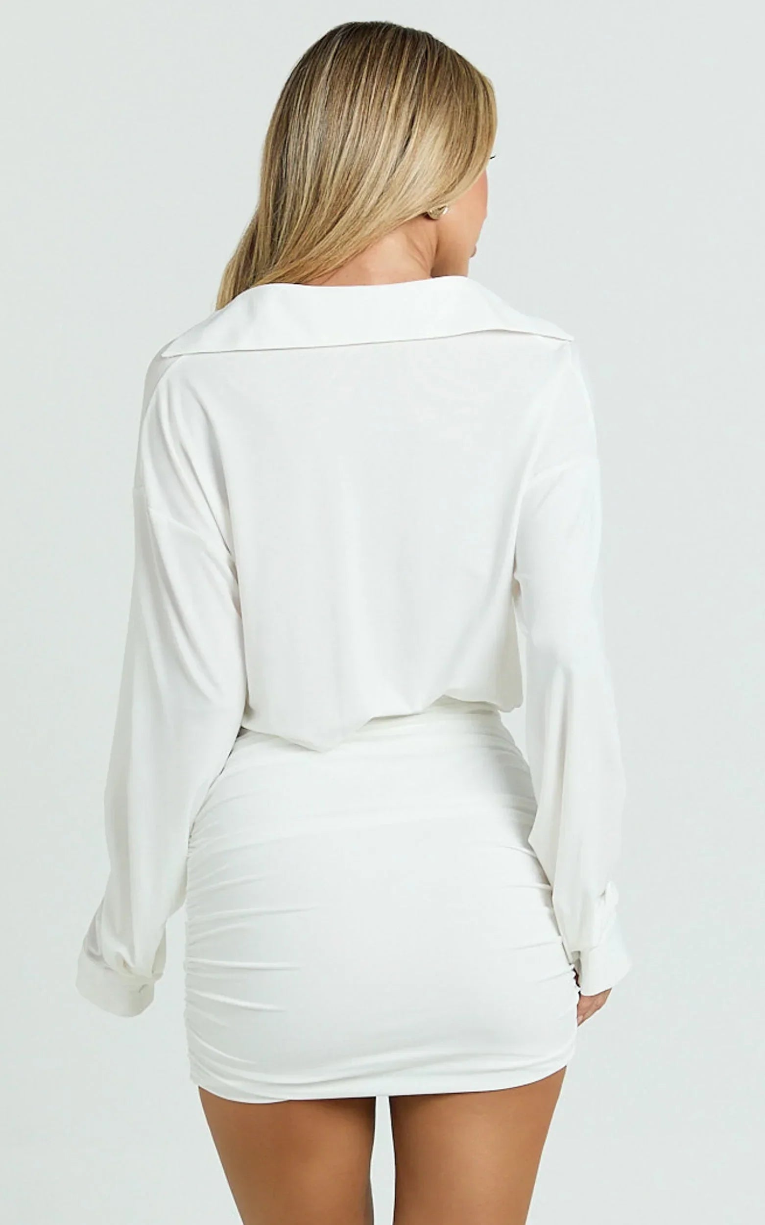 Pearce Mini Dress - Ruched Jersey Shirt Dress in White