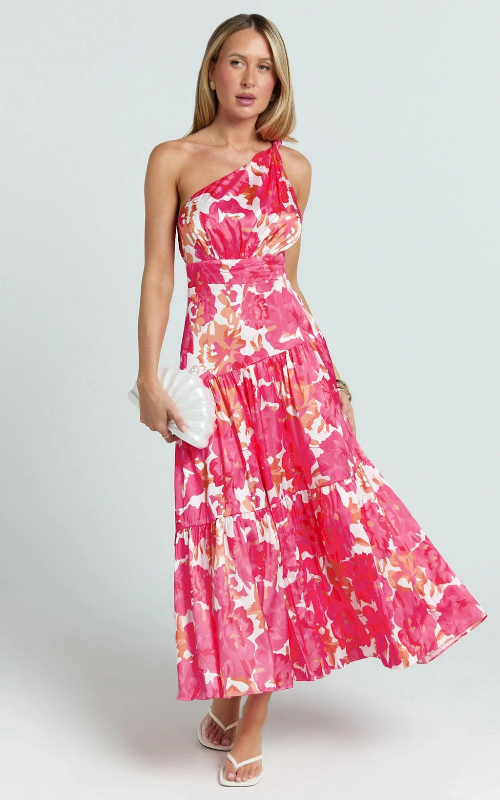 Georgine Midi Dress - One Shoulder Ruched Tiered Dress in Peony Blossom
