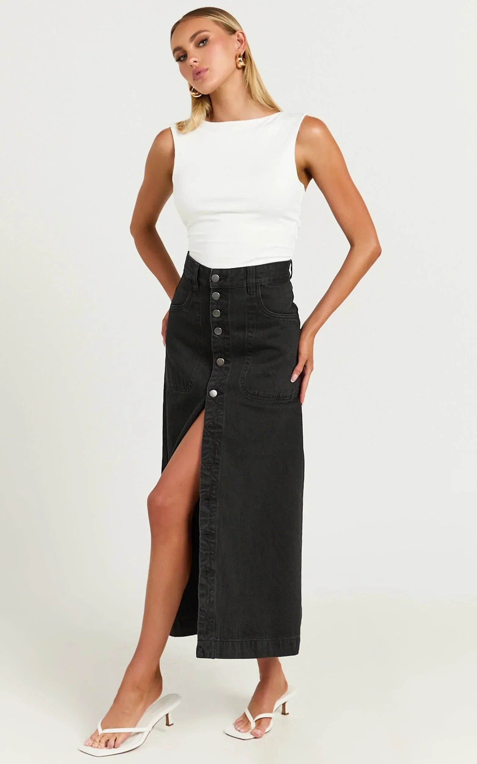 Alisa Midi Skirt - Button Through A Line Denim in Black Wash