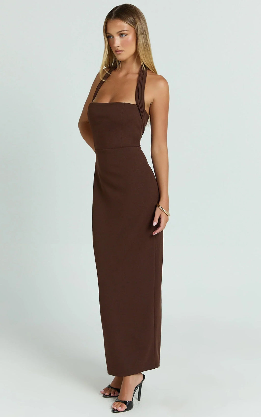 Salome Midi Dress - Halter Neck Column Dress in Chocolate