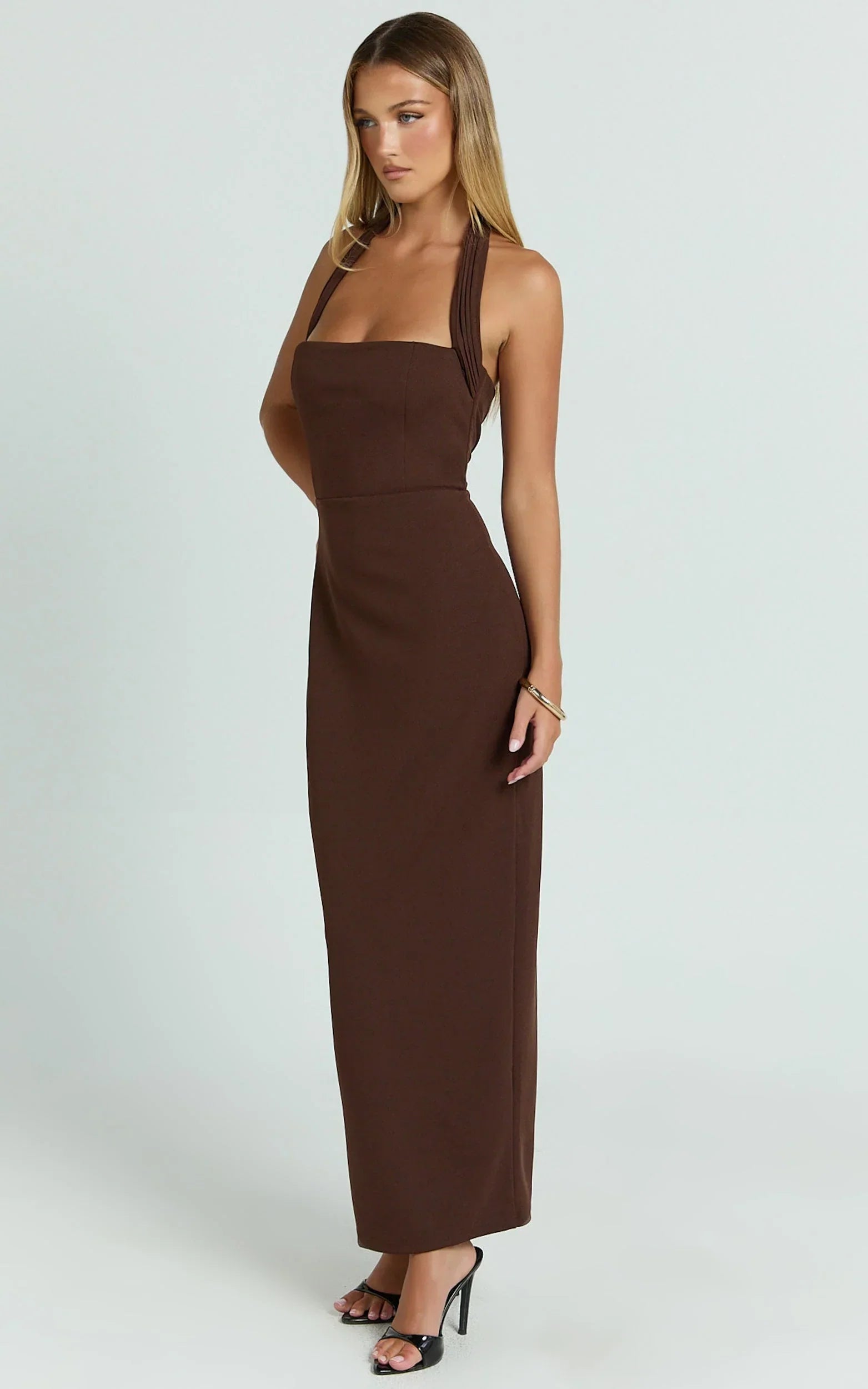 Salome Midi Dress - Halter Neck Column Dress in Chocolate