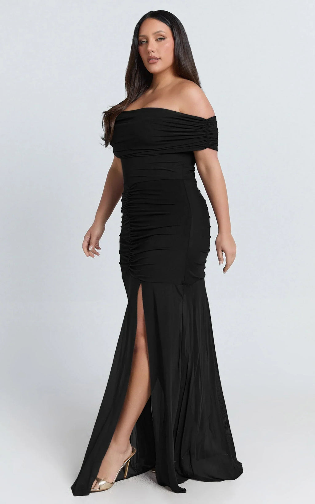 Alanna Maxi Dress - Off Shoulder Ruched Mesh Dress in Black