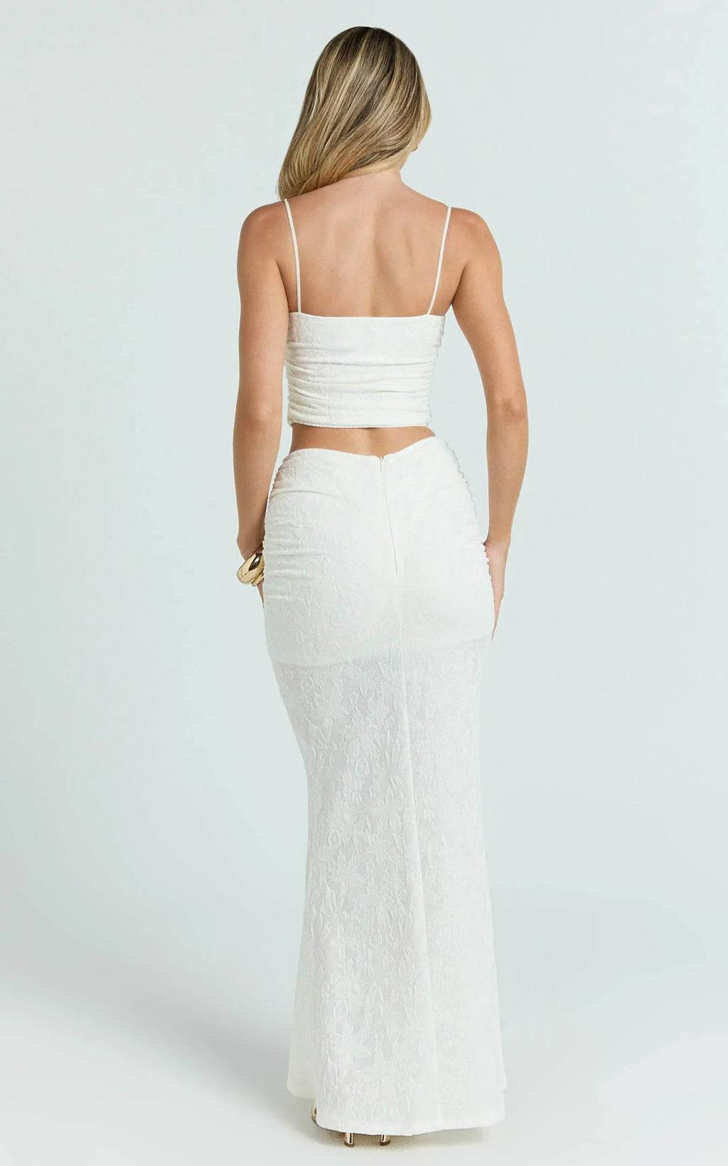 Kayrene Two Piece Top and Skirt Set - Straight Neck Top And Ruched Low Rise Maxi Skirt in Cream