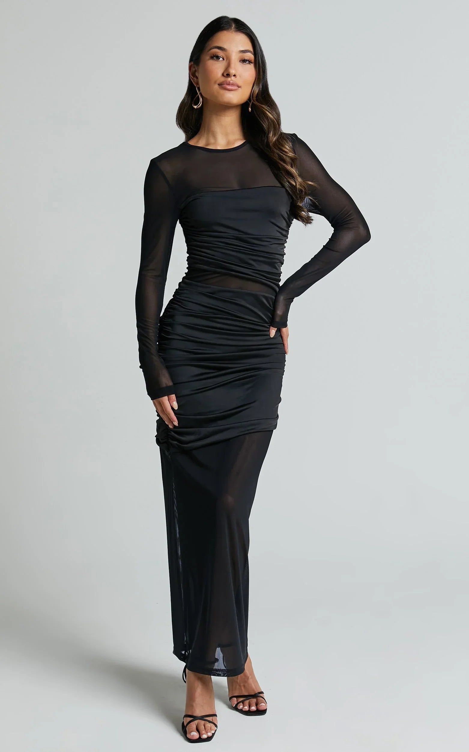 Sahara Midi Dress - Long Sleeve Mesh Dress in Black