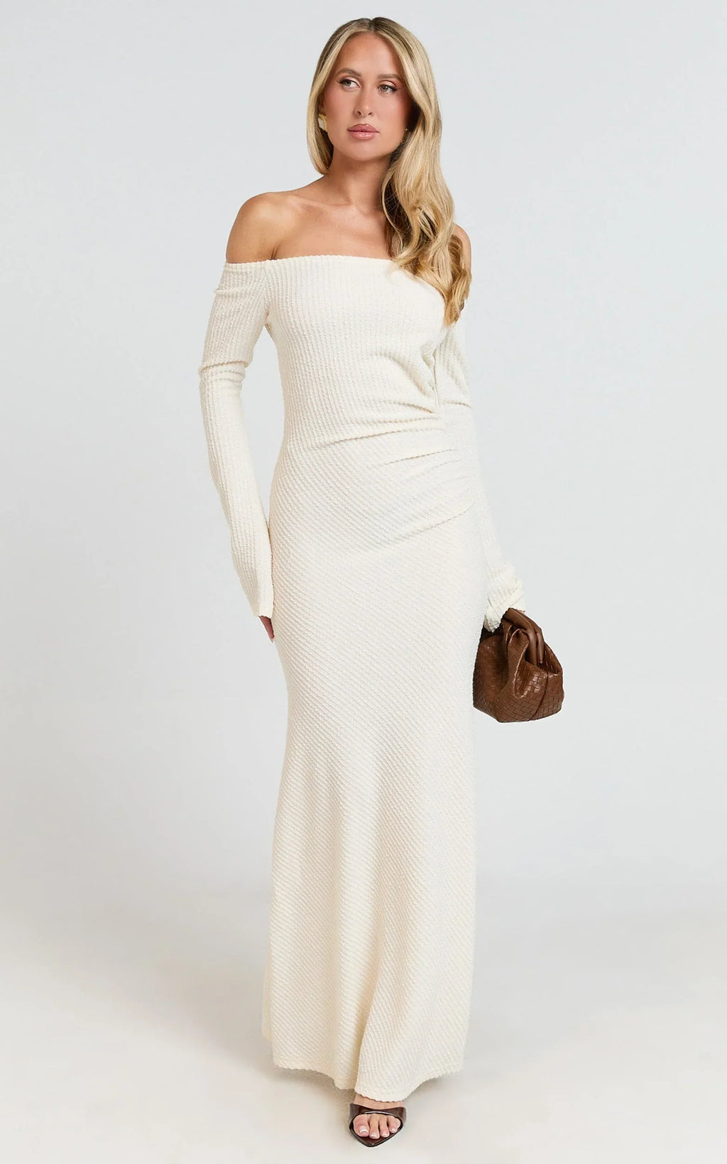 Ayla Maxi Dress - Off Shoulder Flared Sleeve Bodycon Dress in Off White