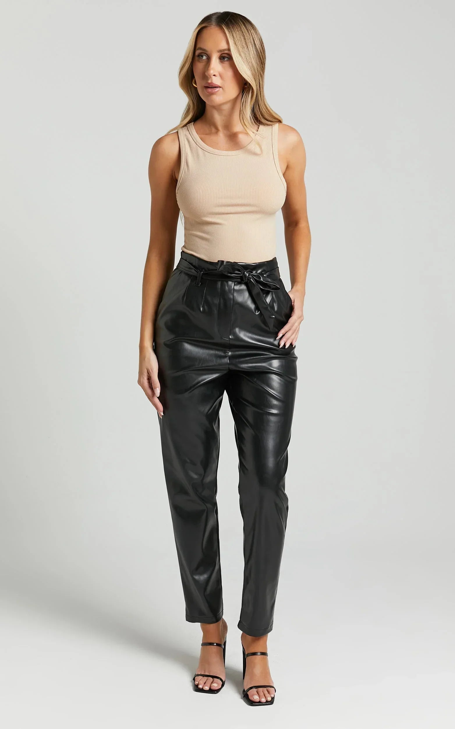 Layton Pants - Paper Bag Waist Faux Leather Pants in Black