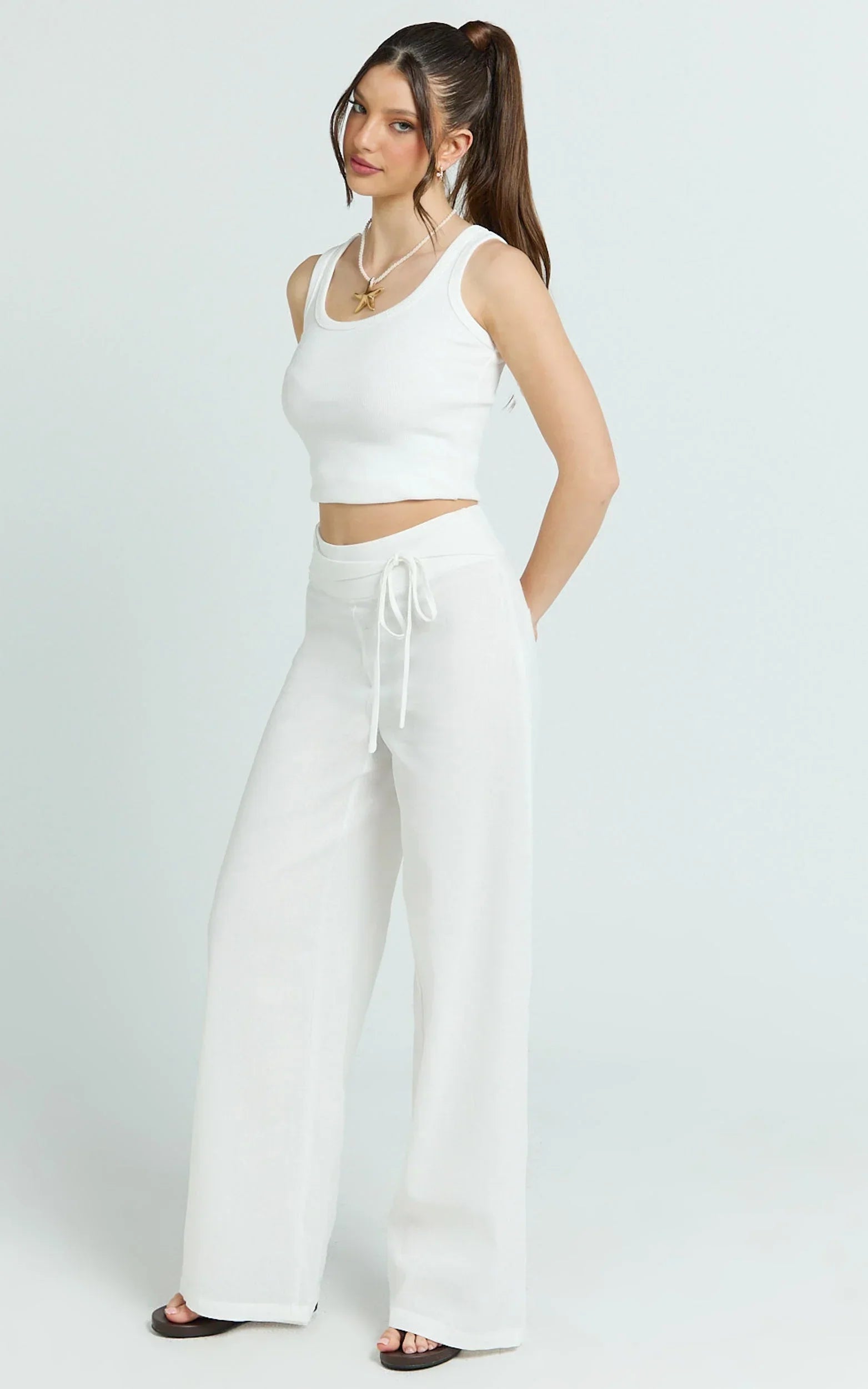 Alva Pants - High Waisted Front Tie Wide Leg Pants in White