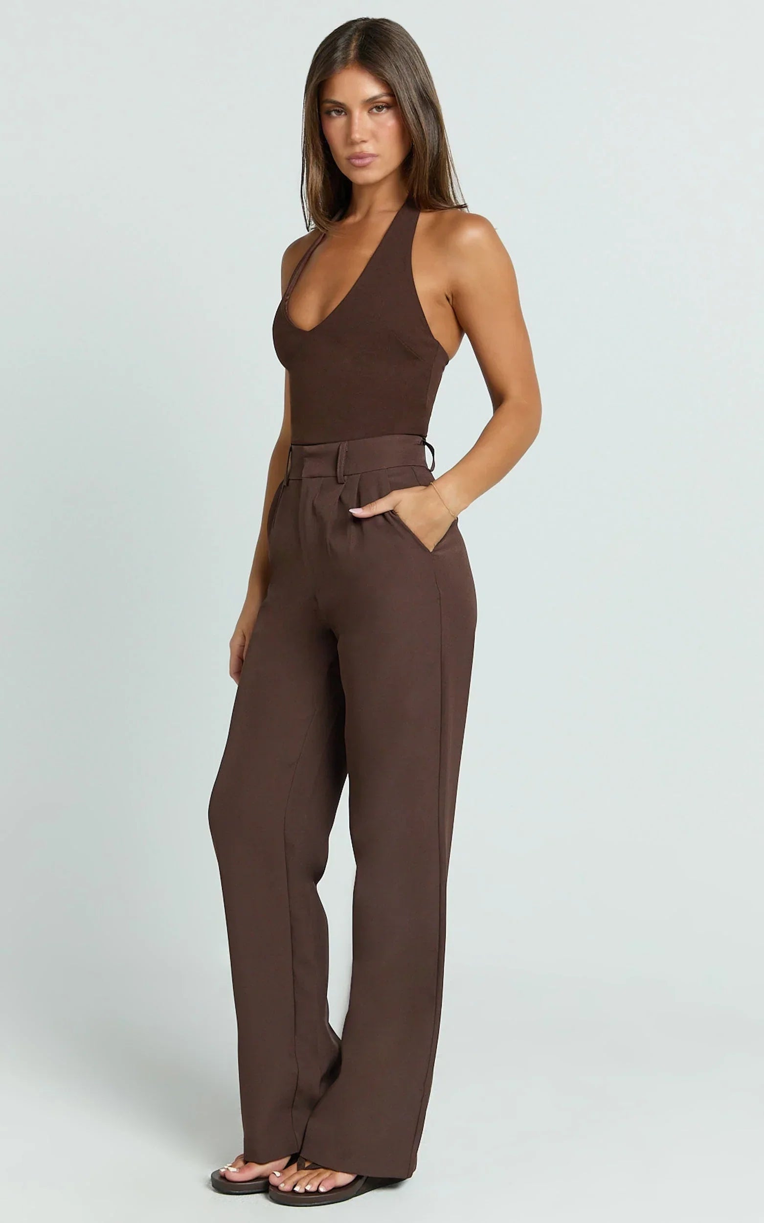 Melissa Pants - Pleat Front Wide Leg Tailored Pants in Chocolate