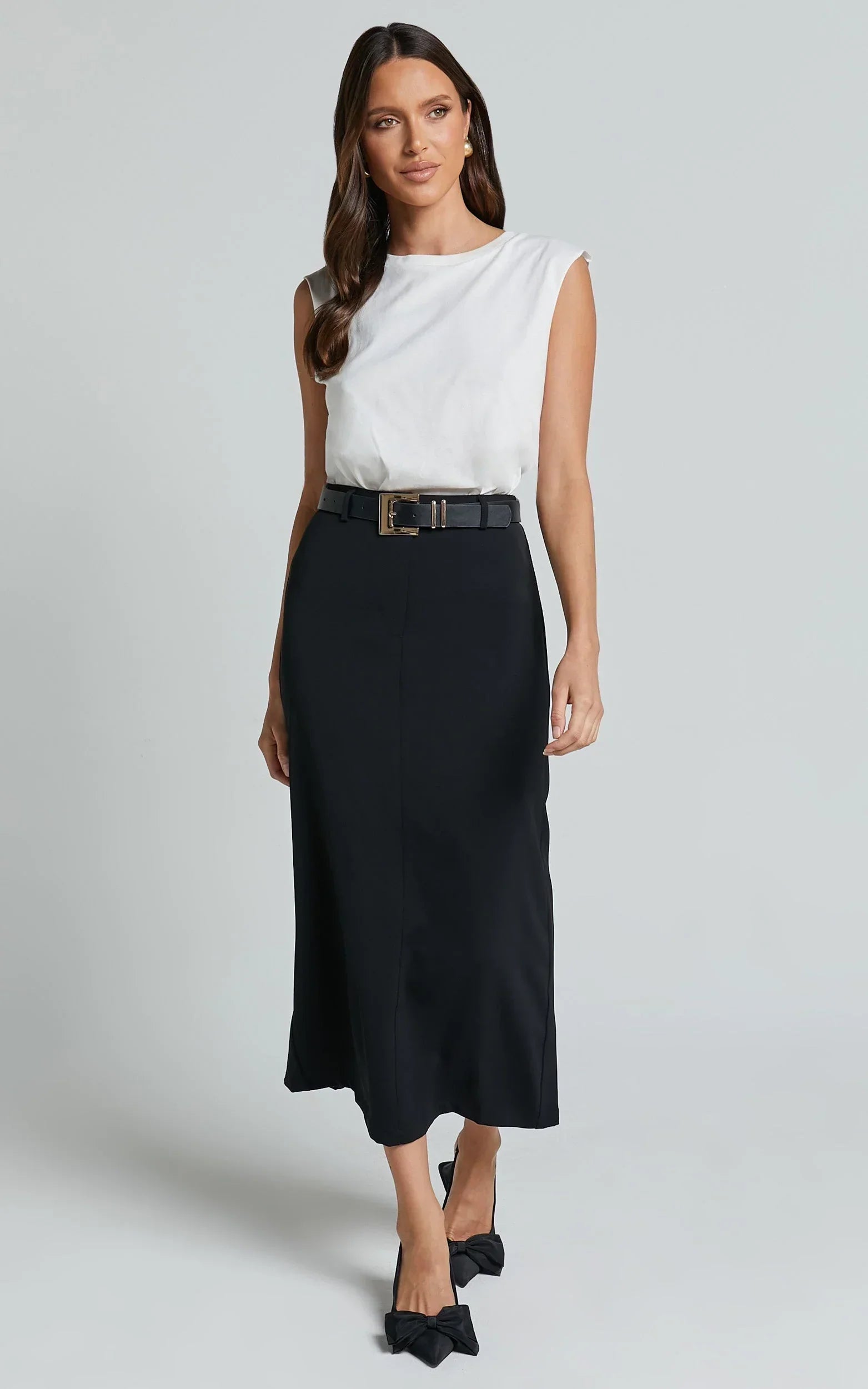 Alanna Midi Skirt - High Waisted Back Split Pencil Skirt in Black