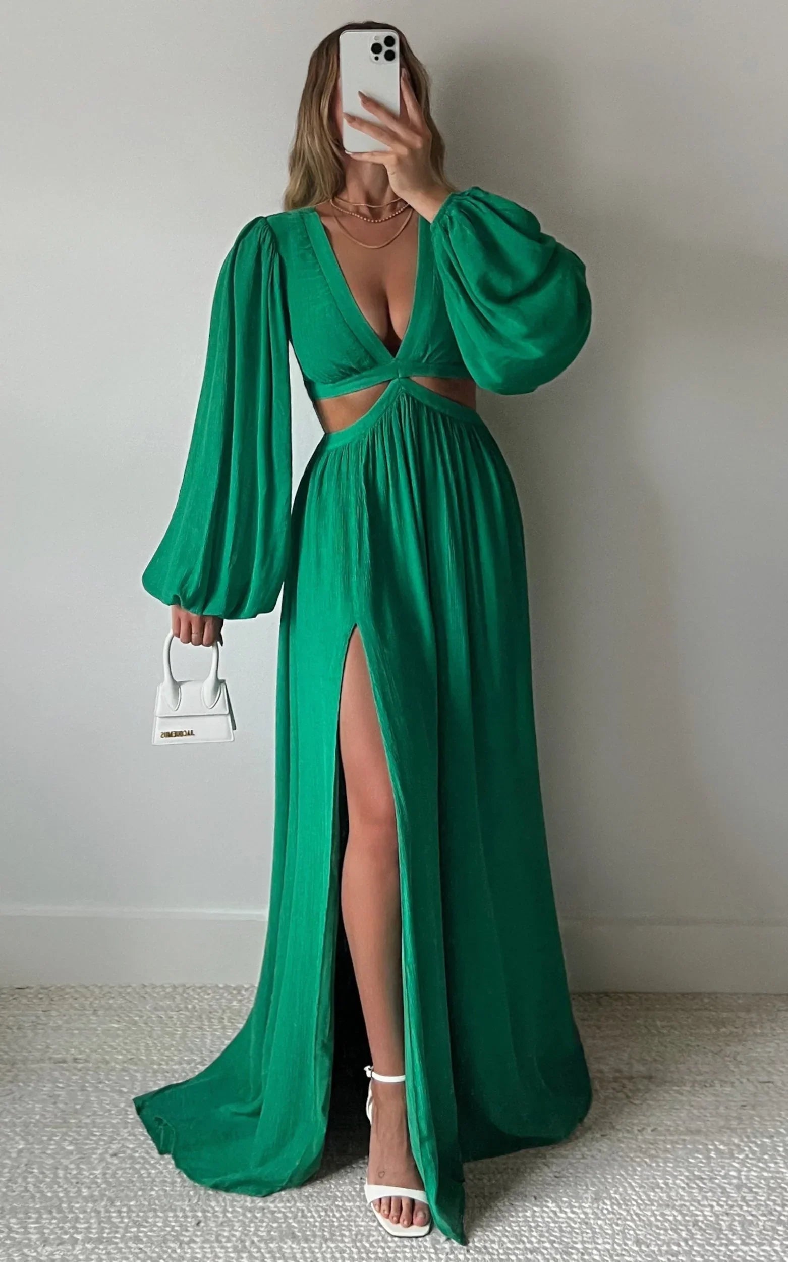 Paige Maxi Dress - Side Cut Out Balloon Sleeve Dress in Green