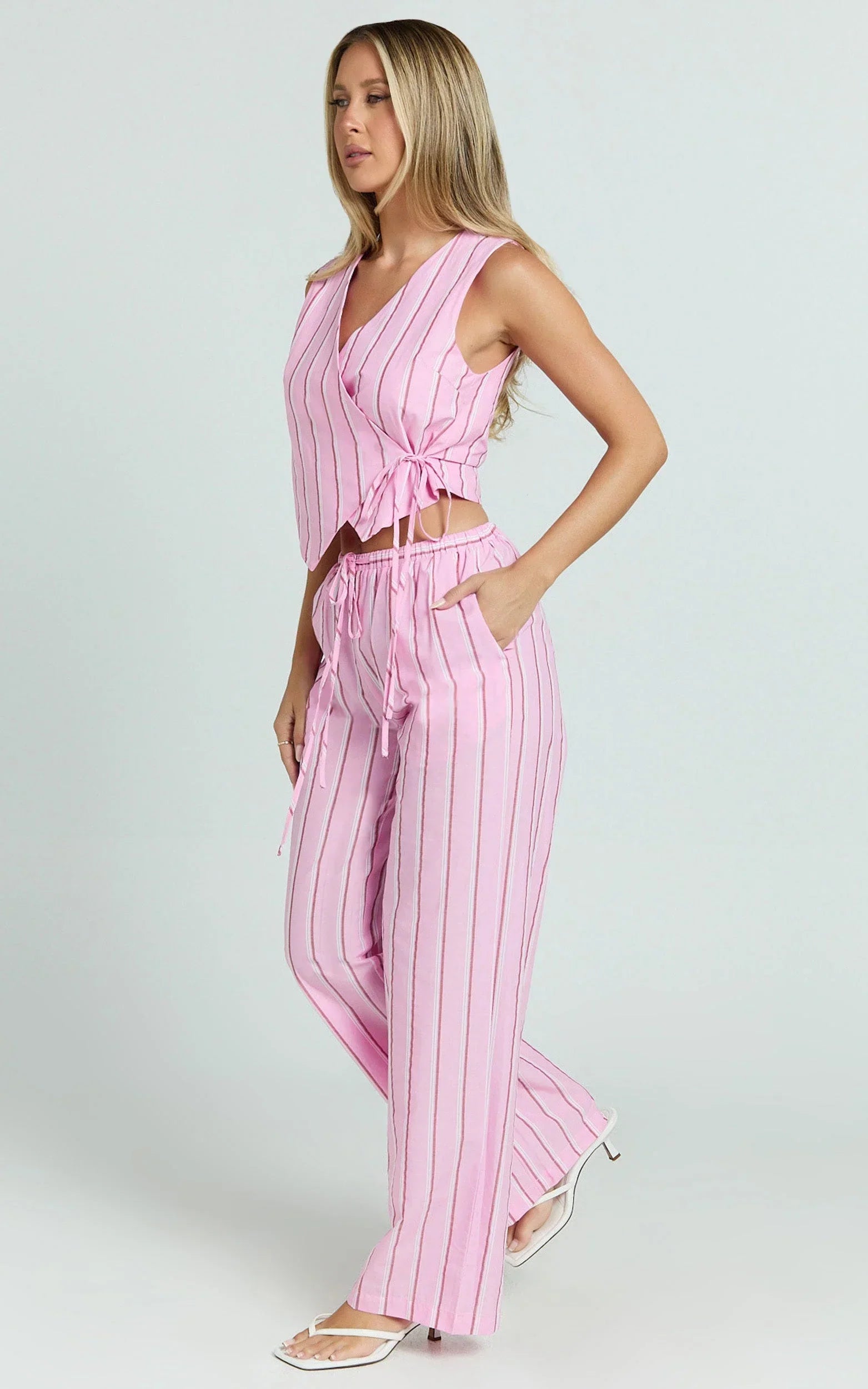 Layla Pants - Mid Waisted Relaxed Elastic Waist Pants in Pink Stripe