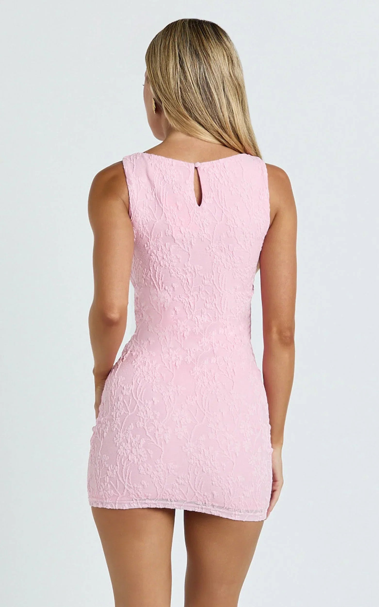 Eira Mini Dress - Lace Boat Neck Bodycon Dress in Pink