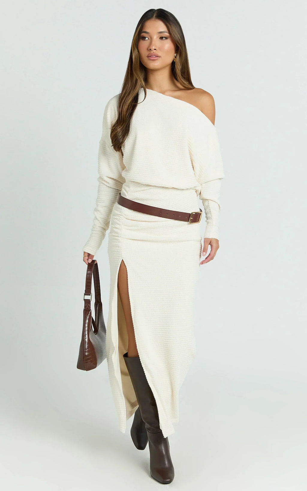 Alyce Midi Dress - Jersey Asymmetric Ruched Bodycon Dress in Off White