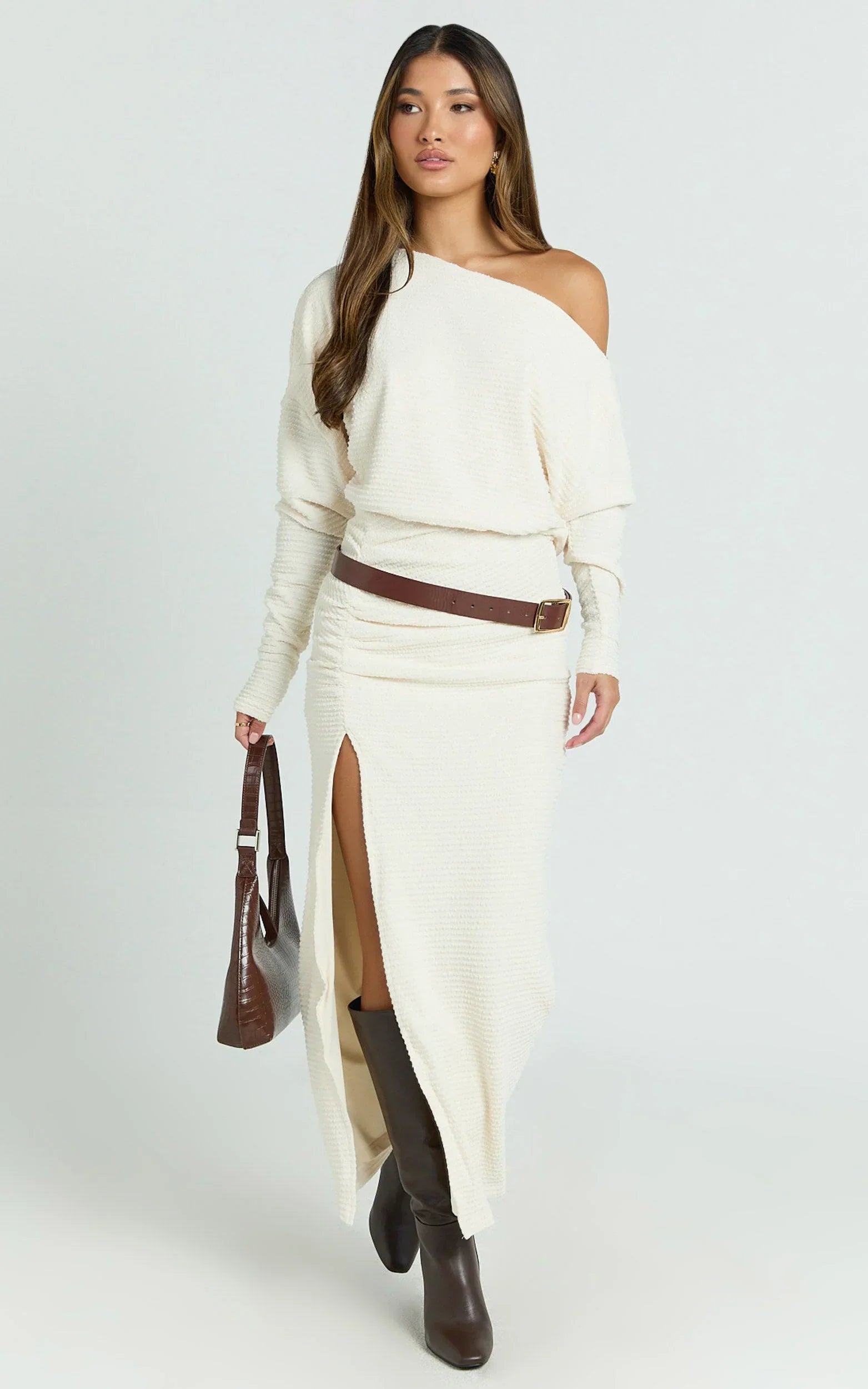 Alyce Midi Dress - Jersey Asymmetric Ruched Bodycon Dress in Off White
