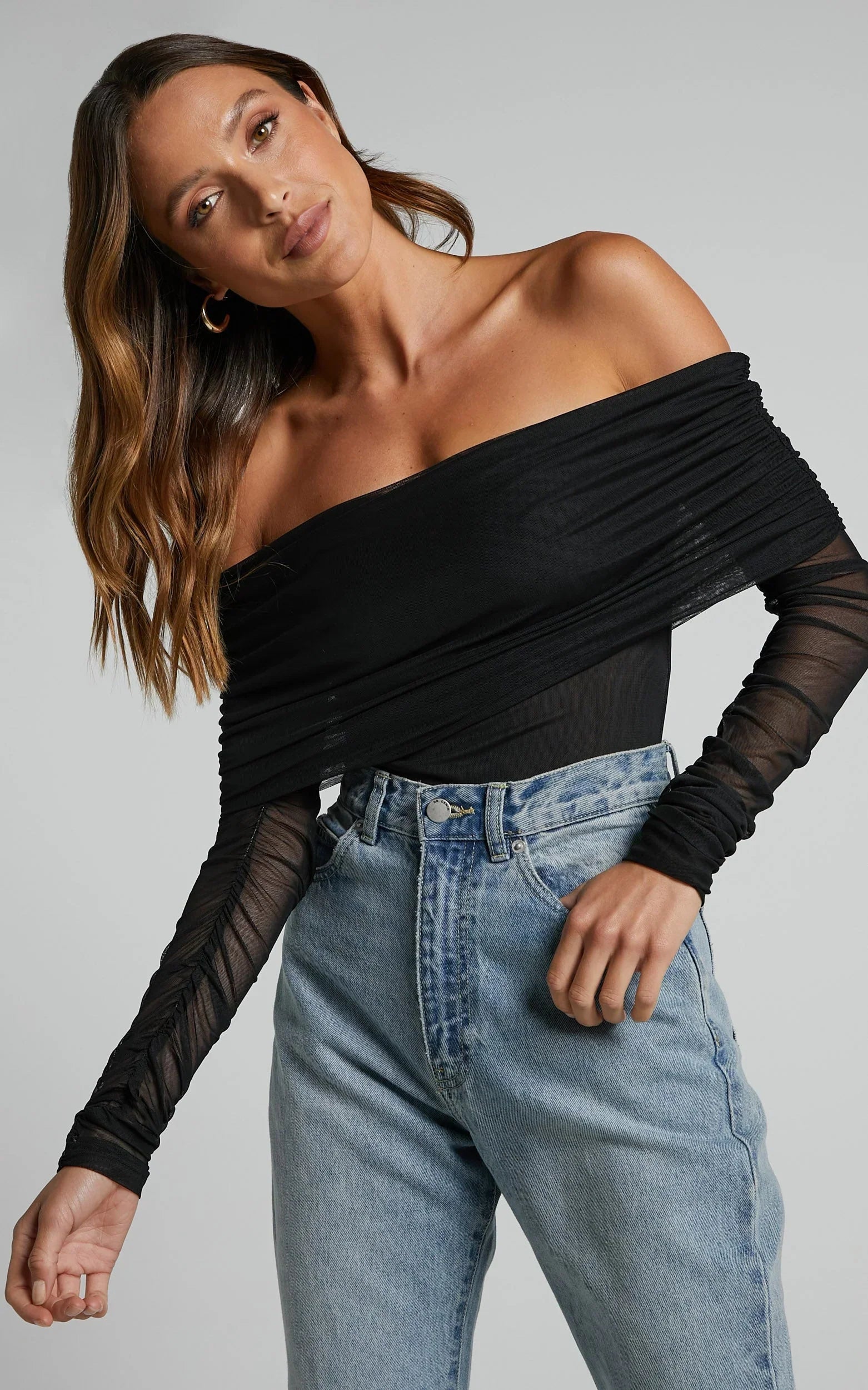 Jaythen Bodysuit - Long Sleeve Off Shoulder Ruched Mesh Bodysuit in Black
