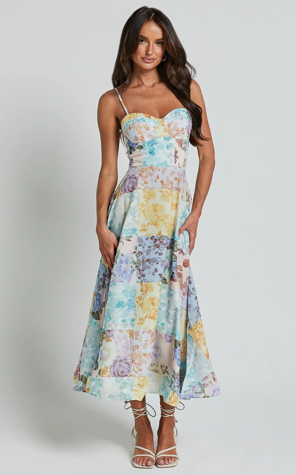 Robertson Midi Dress - Strappy Sweetheart Bustier Flare Dress in Vintage Floral