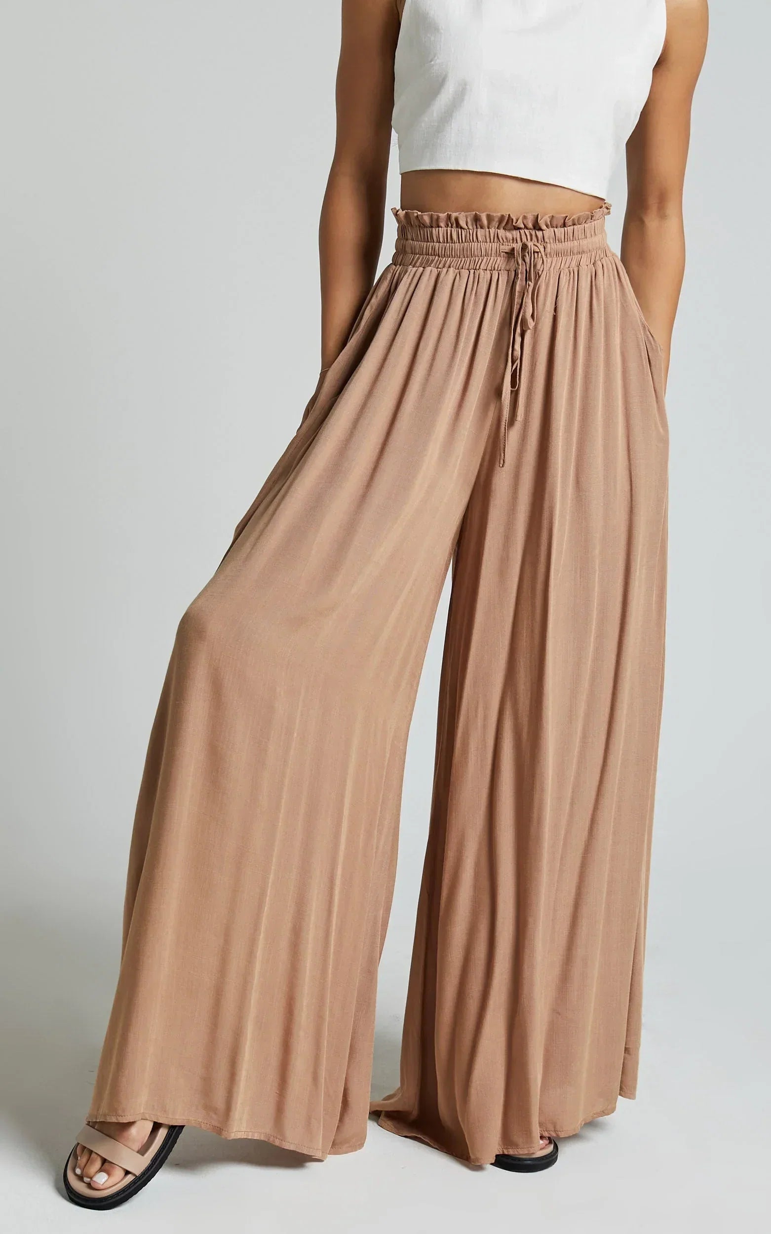 Hany Pants - High Waist Drawstring Wide Leg Pants in Latte