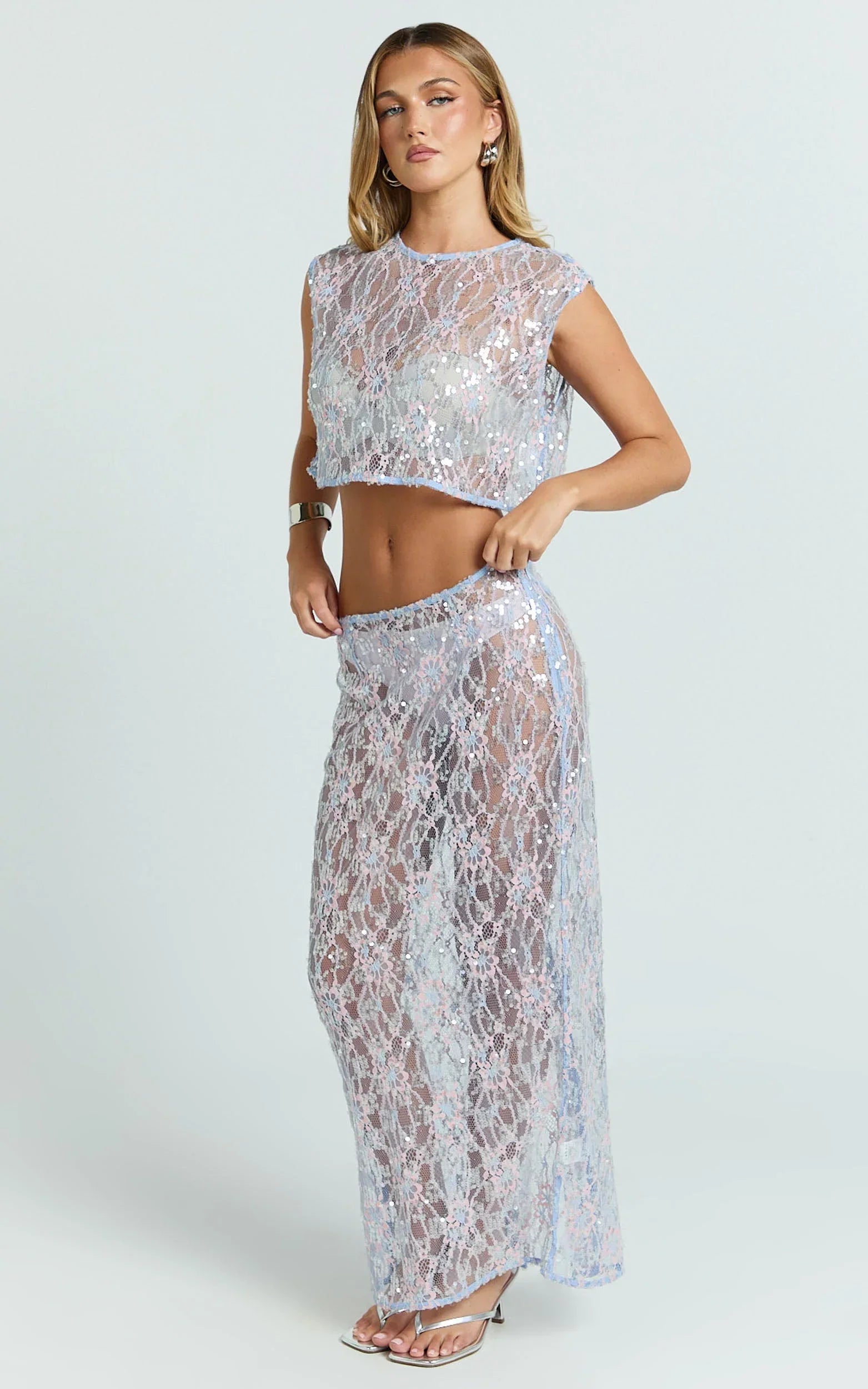Gemmalyn Two Piece Top and Skirt Set - Sequin Lace Top And A Line Skirt in Pink