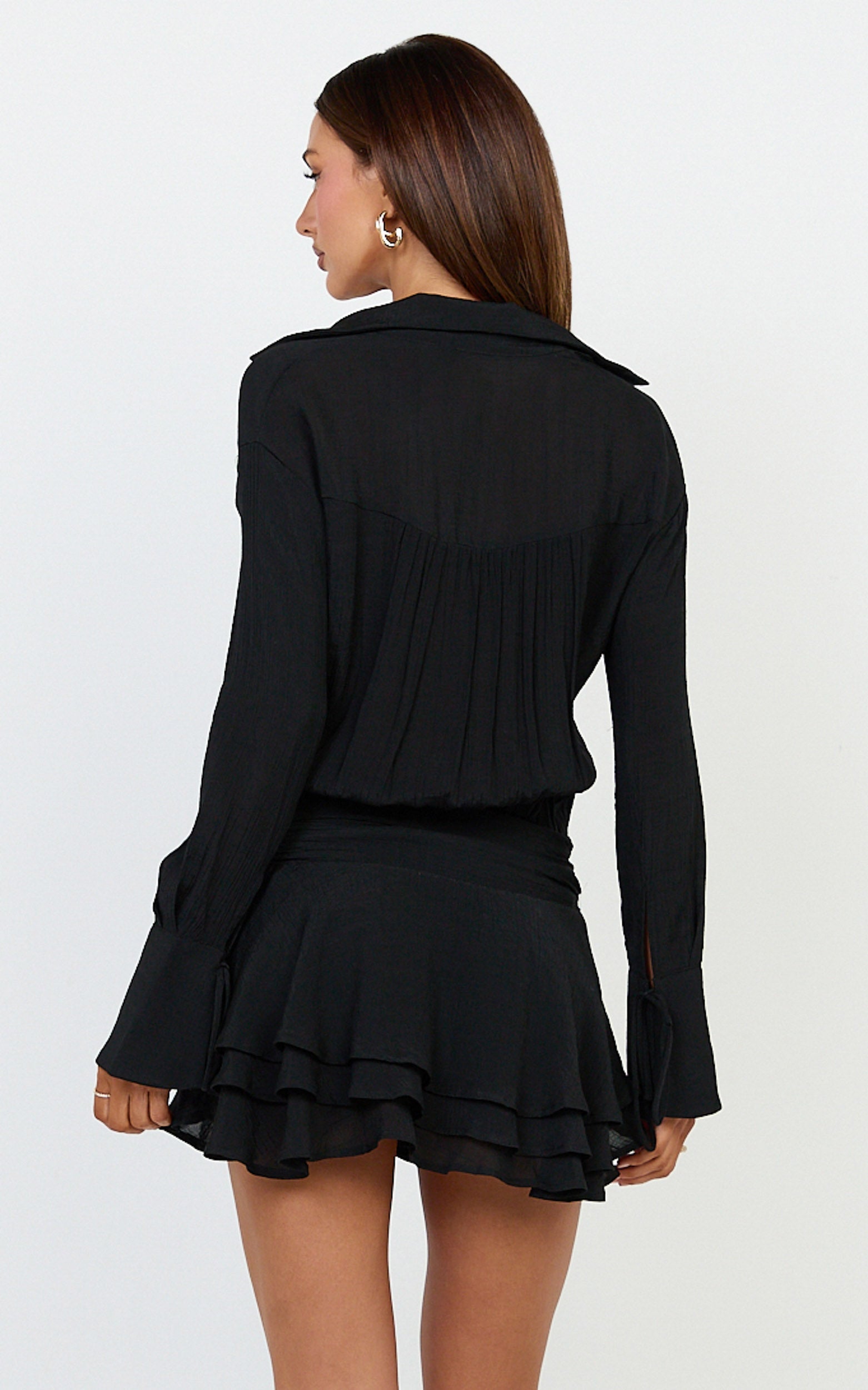 Reef Mini Dress - Long Sleeve Ruffle Skirt Shirt Dress in Black
