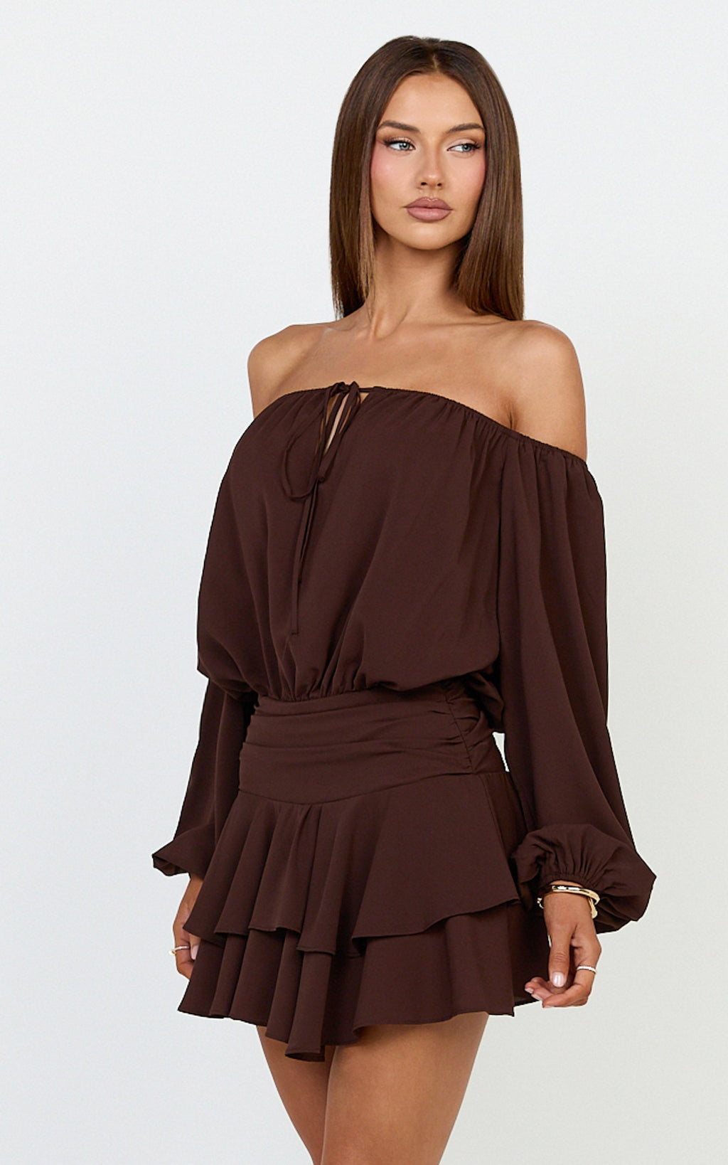 Sailor Mini Dress - Off Shoulder Ruffle Skirt Dress in Chocolate