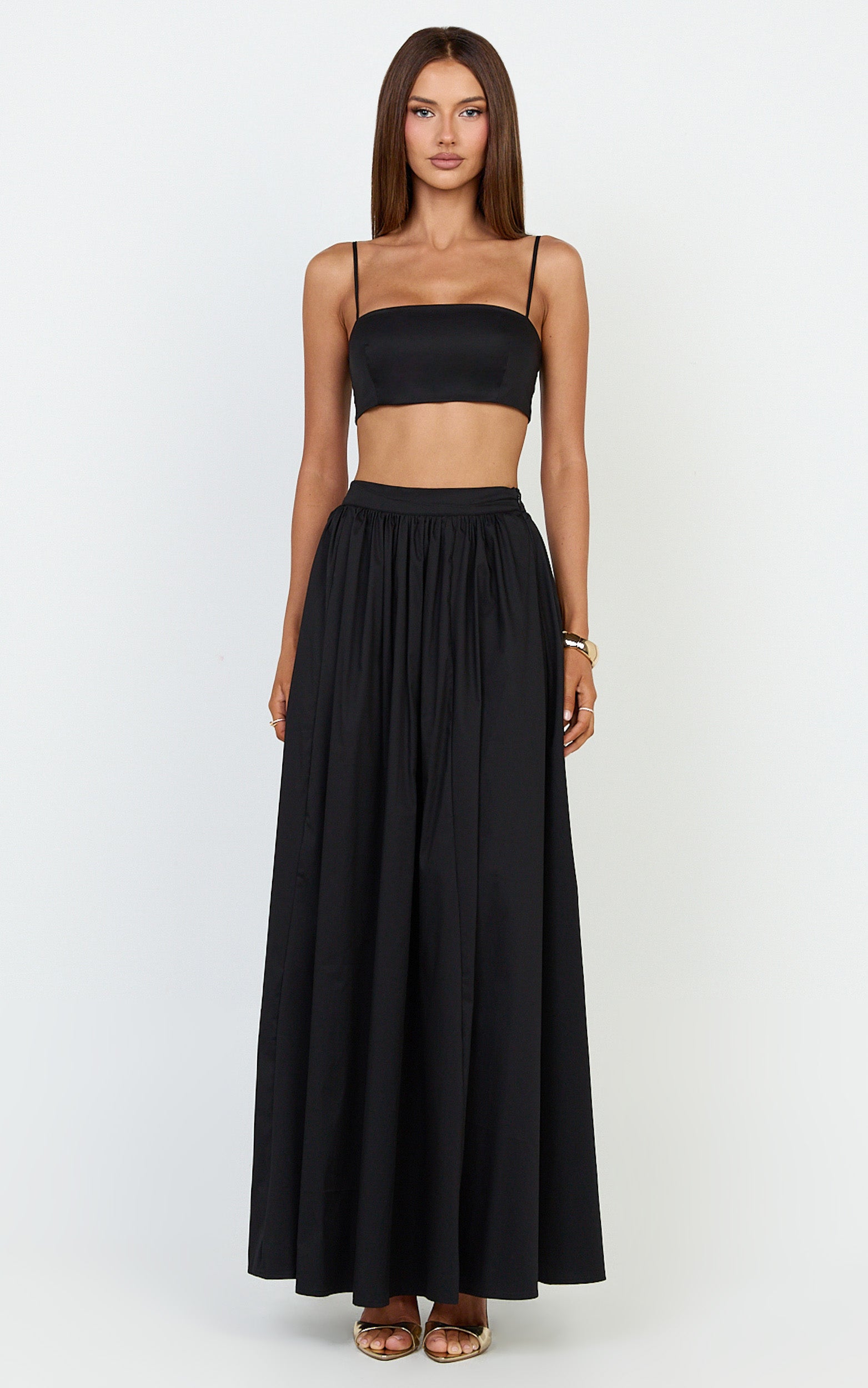 Tegan Two Piece Set - Straight Neck Micro Crop Top and A Line Maxi Skirt Set in Black