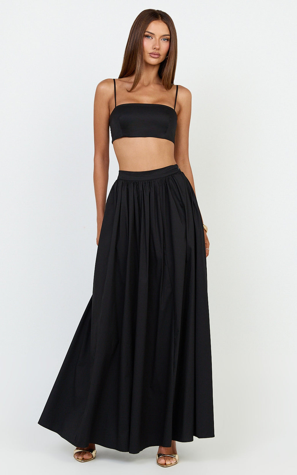 Tegan Two Piece Set - Straight Neck Micro Crop Top and A Line Maxi Skirt Set in Black