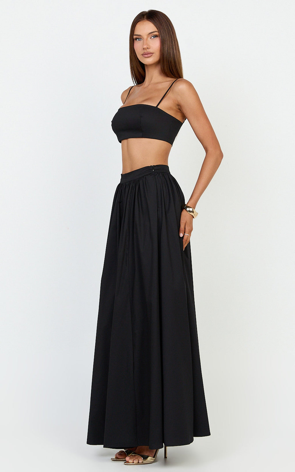 Tegan Two Piece Set - Straight Neck Micro Crop Top and A Line Maxi Skirt Set in Black