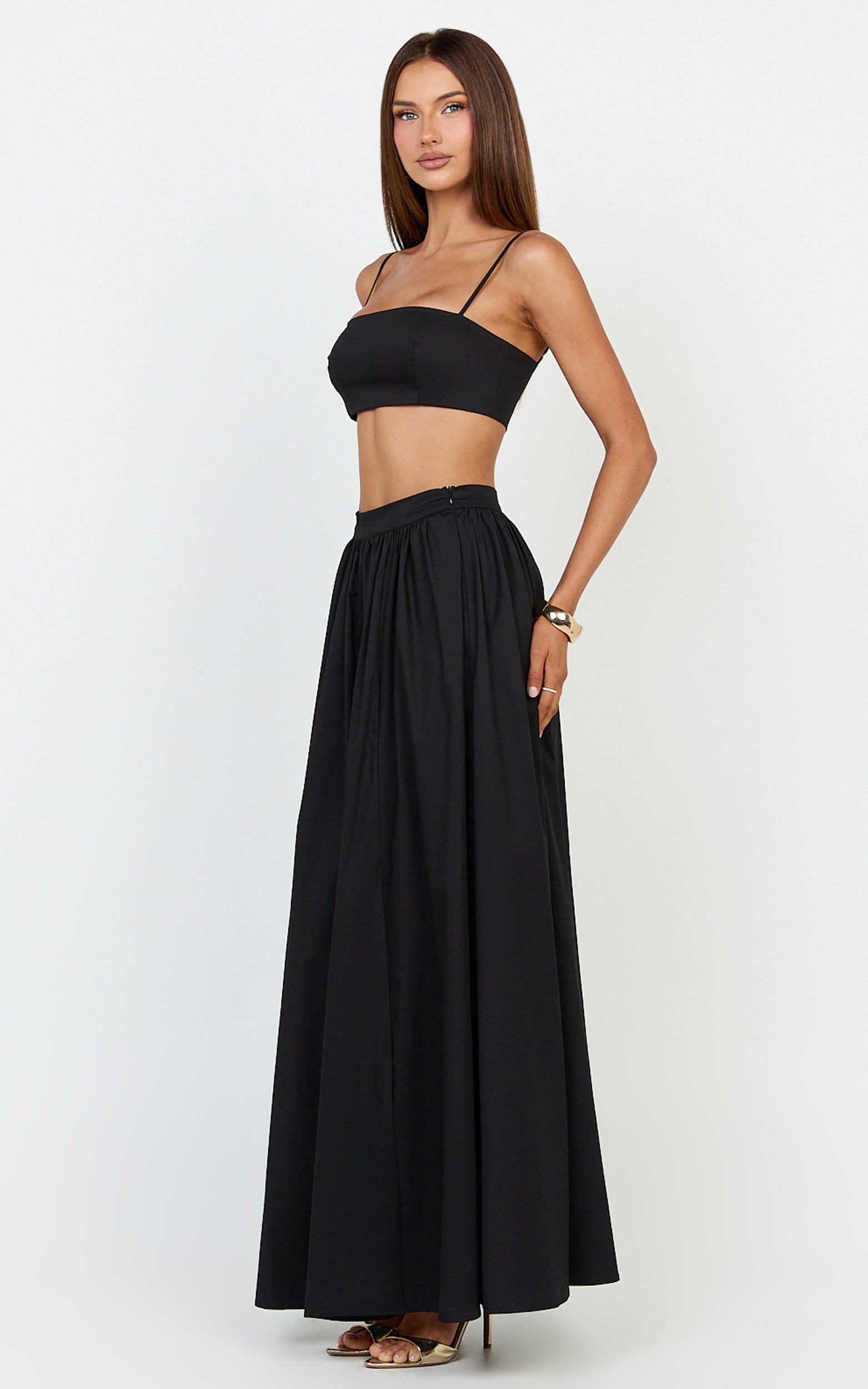 Tegan Two Piece Set - Straight Neck Micro Crop Top and A Line Maxi Skirt Set in Black