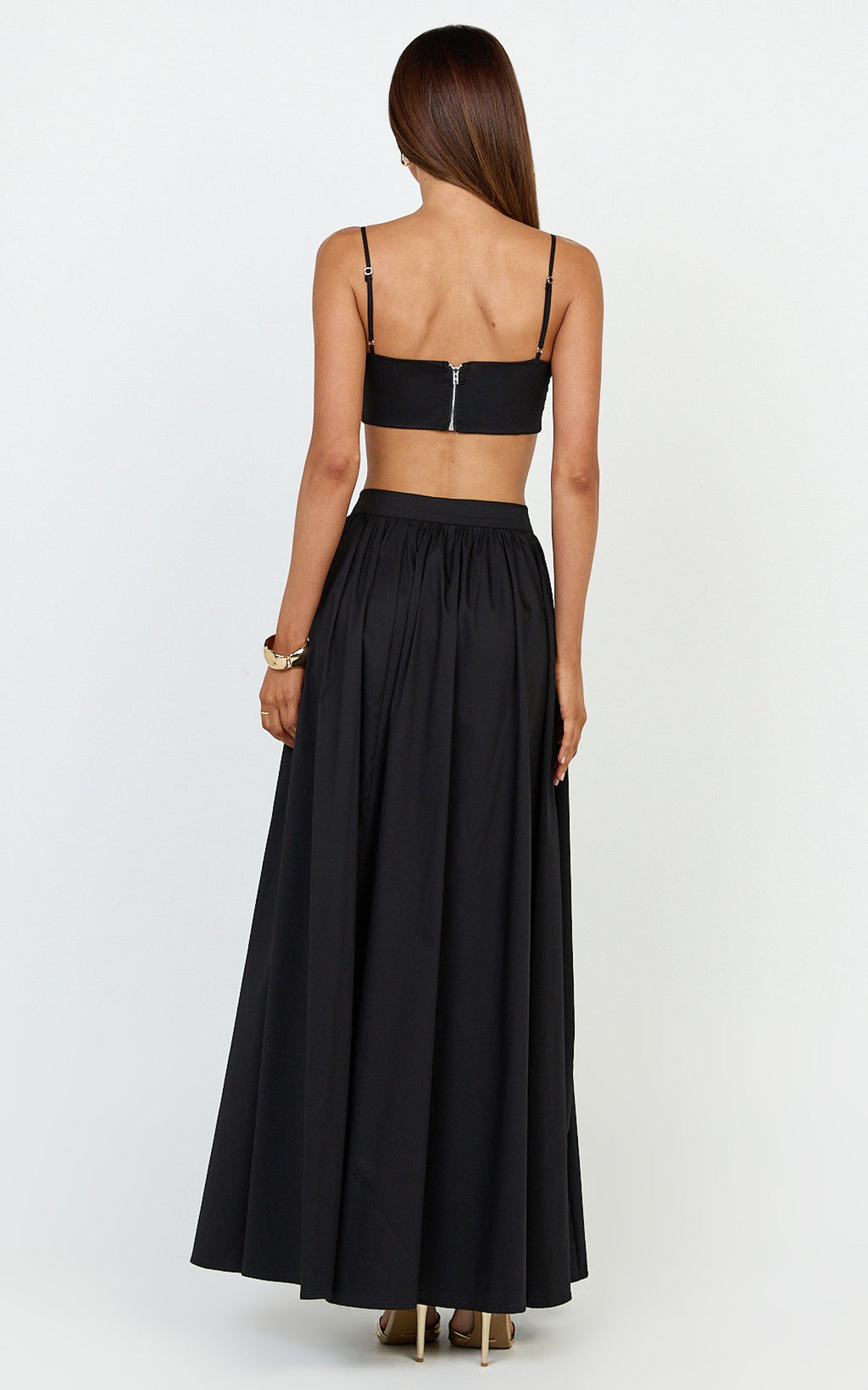 Tegan Two Piece Set - Straight Neck Micro Crop Top and A Line Maxi Skirt Set in Black